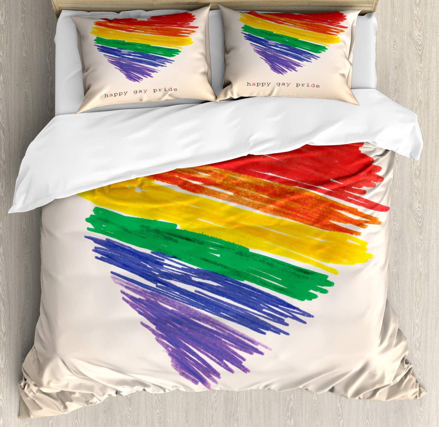 Ambesonne Pride Duvet Cover Set - Queen Size 3 Piece Bedding with Rainbow Heart Design & 2 Pillow Shams, Champagne & Multicolor - Perfect for LGBTQ+ Pride Celebrations, Bedroom Decor & Gift Ideas