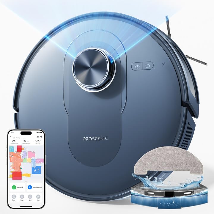 Proscenic Q8 Robot Vacuum and Mop Combo - Smart WiFi Connected, Self-Charging, 2000Pa Strong Suction, Quiet Cleaning for Hardwood Floors & Carpets - Perfect for Pet Hair, Daily Home Cleaning & Large Spaces