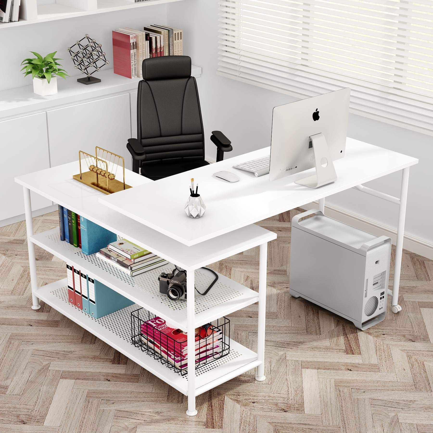 Tribesigns Modern L-Shaped Desk with Storage Shelves - 360° Rotating Corner Computer Desk for Home Office, Study Writing Table Workstation with Open Shelves, High Glossy White Finish - Perfect for Small Spaces & Gaming Setup