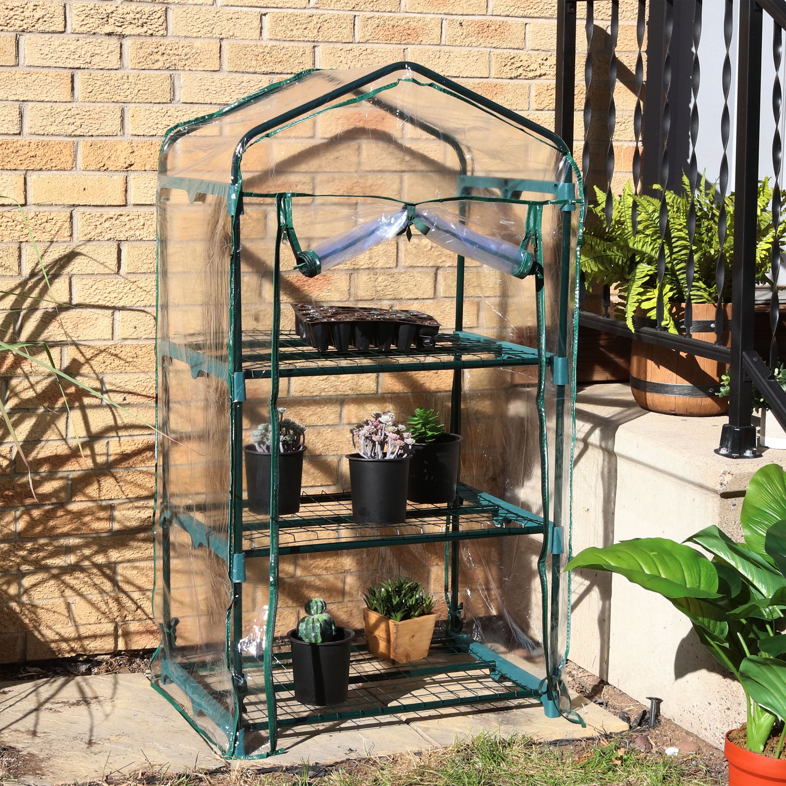 Sunnydaze 3-Tier Mini Greenhouse for Outdoors - Portable & Clear Cover - Perfect for Seedlings, Herbs & Small Plants - Indoor/Outdoor Gardening Accessory