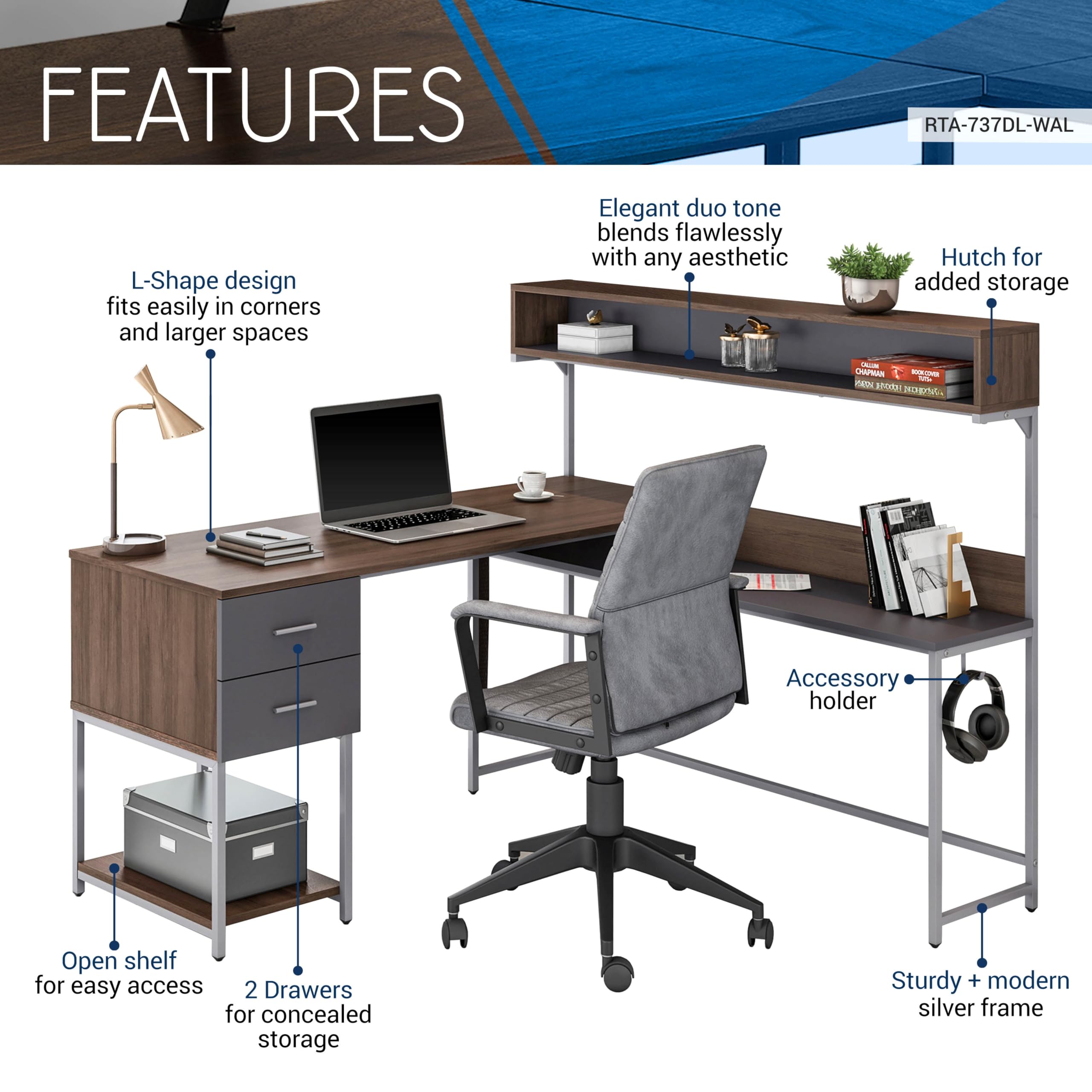 Techni Mobili L-Shaped Corner Computer Desk with Hutch, Storage Drawers & Open Shelf - Walnut Home Office Workstation for PC, Printer & Study Space