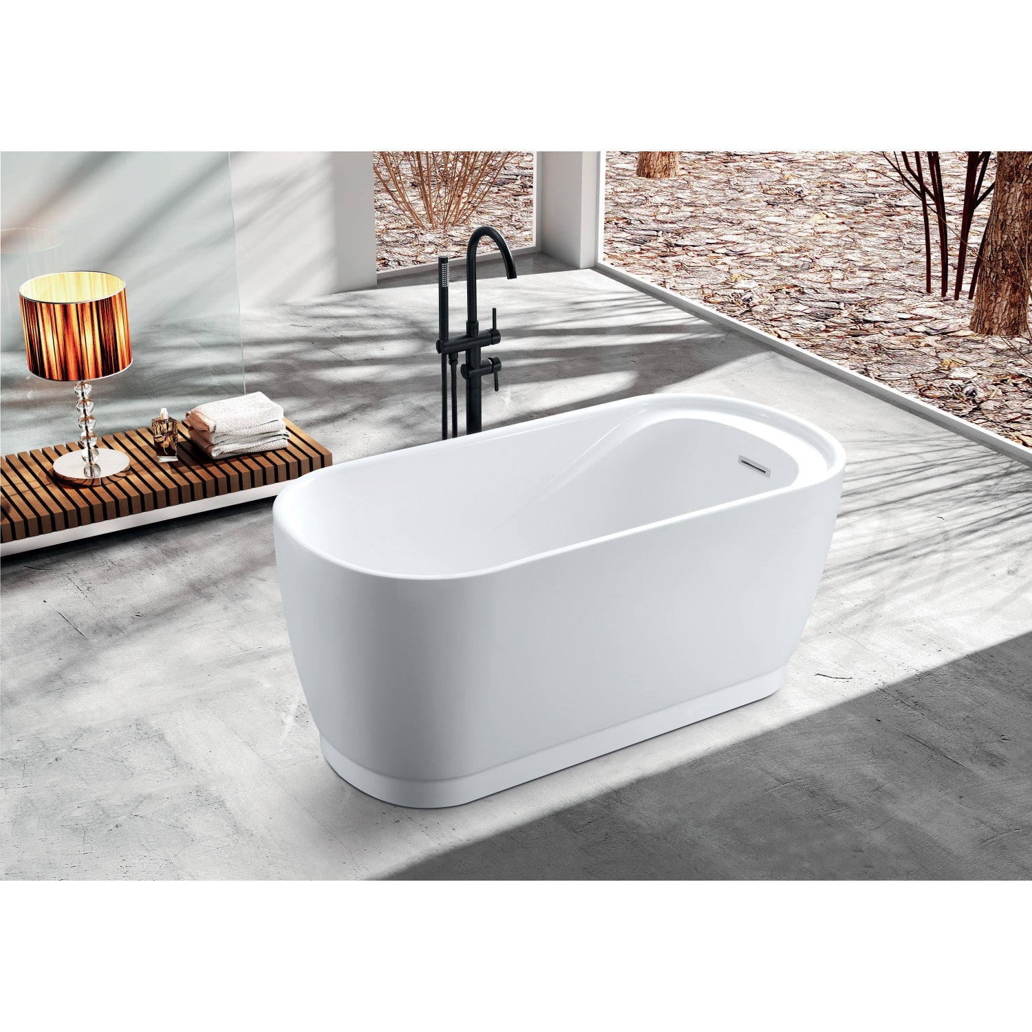 Aqua Eden 59 Inch Acrylic Oval Freestanding Bathtub - Double Ended Soaking Tub with Drain & Built-in Seat, Glossy White - Perfect for Luxury Bathrooms & Spa Retreats