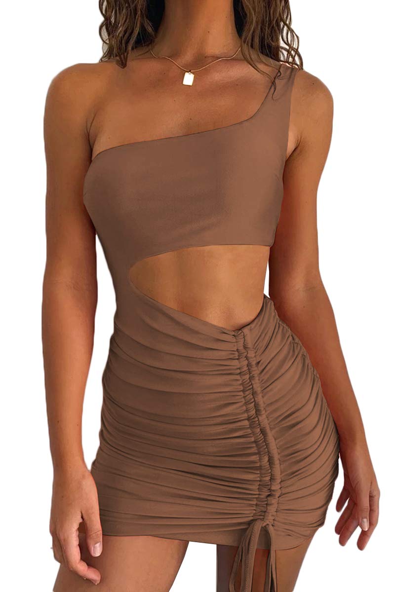 CHYRII Women's Sexy One Shoulder Sleeveless Ruched Bodycon Mini Dress - Perfect for Nightclub, Party & Evening Wear