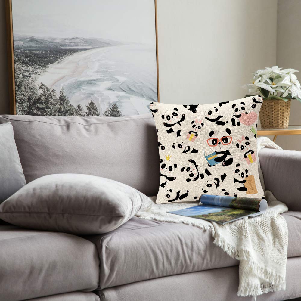 Panda Bear Throw Pillow Covers 18x18 Inch - Asian Animal Linen Cushion Cases for Sofa, Couch & Car Decor - Home Decorative Accent for Living Room, Bedroom & Office