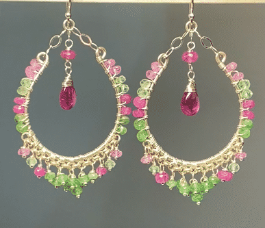14K Sterling Silver Pink Sapphire & Tsavorite Gemstone Hoop Earrings for Women – Elegant Dangling Earrings for Parties, Weddings & Everyday Wear