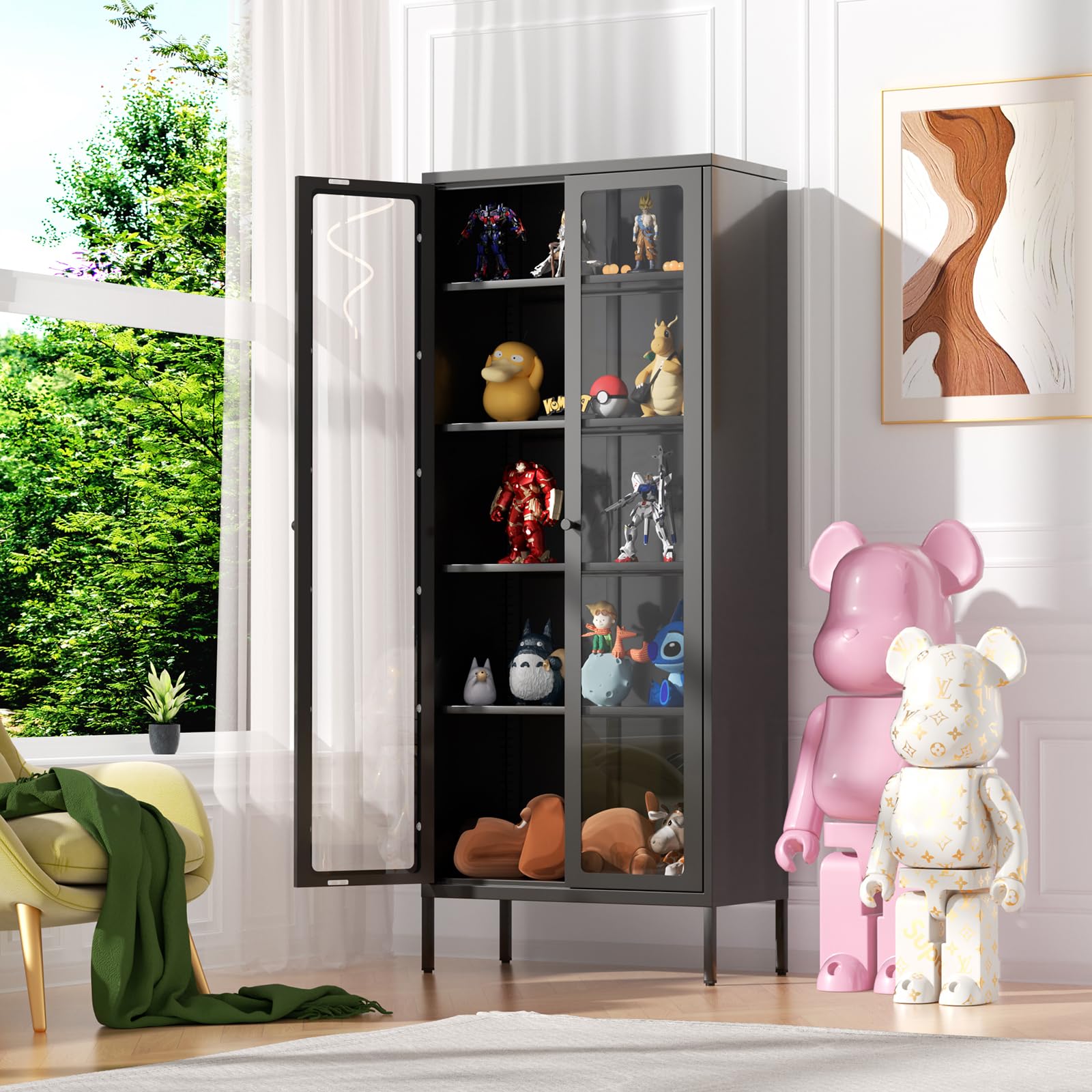 Betterland Black Metal Storage Cabinet with 2 Glass Doors & 4 Shelves - Lockable Curio Display Cabinet for Home, Pantry, Kitchen - Perfect for Showcasing Collectibles, Storing Spices, or Organizing Kitchen Supplies