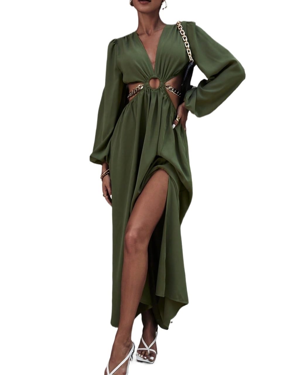 2024 Women's Casual Summer Long Dress - Plain Cutout Waist, Lantern Sleeve & Thigh Split Design | Perfect for Beach Vacations, Date Nights & Summer Parties