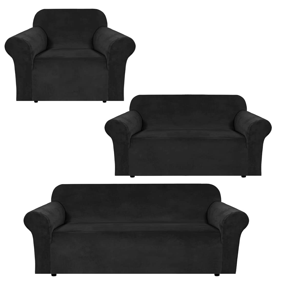 H.VERSAILTEX Velvet Stretch Sofa Covers Set - 3 Cushion Couch Cover, 2 Cushion Loveseat Cover & 1 Seater Armchair Slipcover (Black) - Soft Protective Furniture Covers for Living Room, Bedroom, and Office Decor