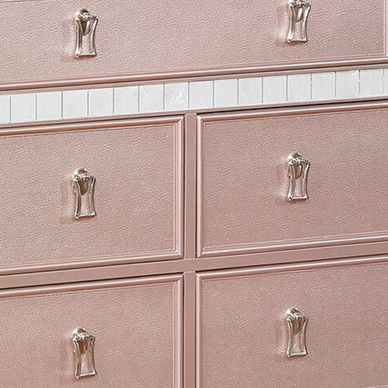 Benjara 7-Drawer Wooden Dresser with Mirror Panel Inserts in Rose Gold - Perfect for Bedroom Storage & Organization