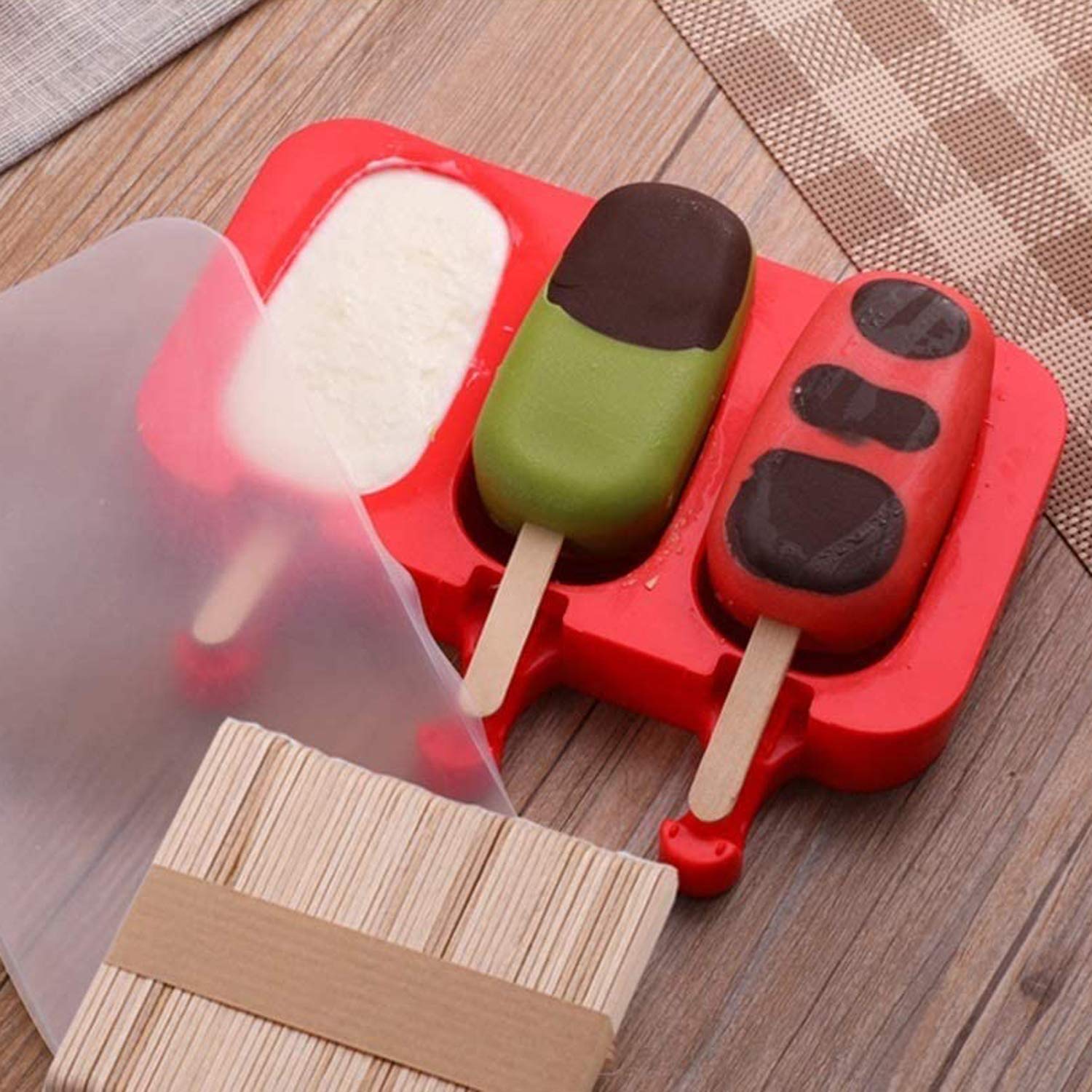 BPA-Free Silicone Popsicle Molds with Lid - 3 Cavity Ice Pop Maker for Homemade Popsicles, Ice Cream & Cake - Easy Release with 100 Sticks (Set of 2, Red) - Perfect for Summer Treats, Kids Snacks & Party Desserts