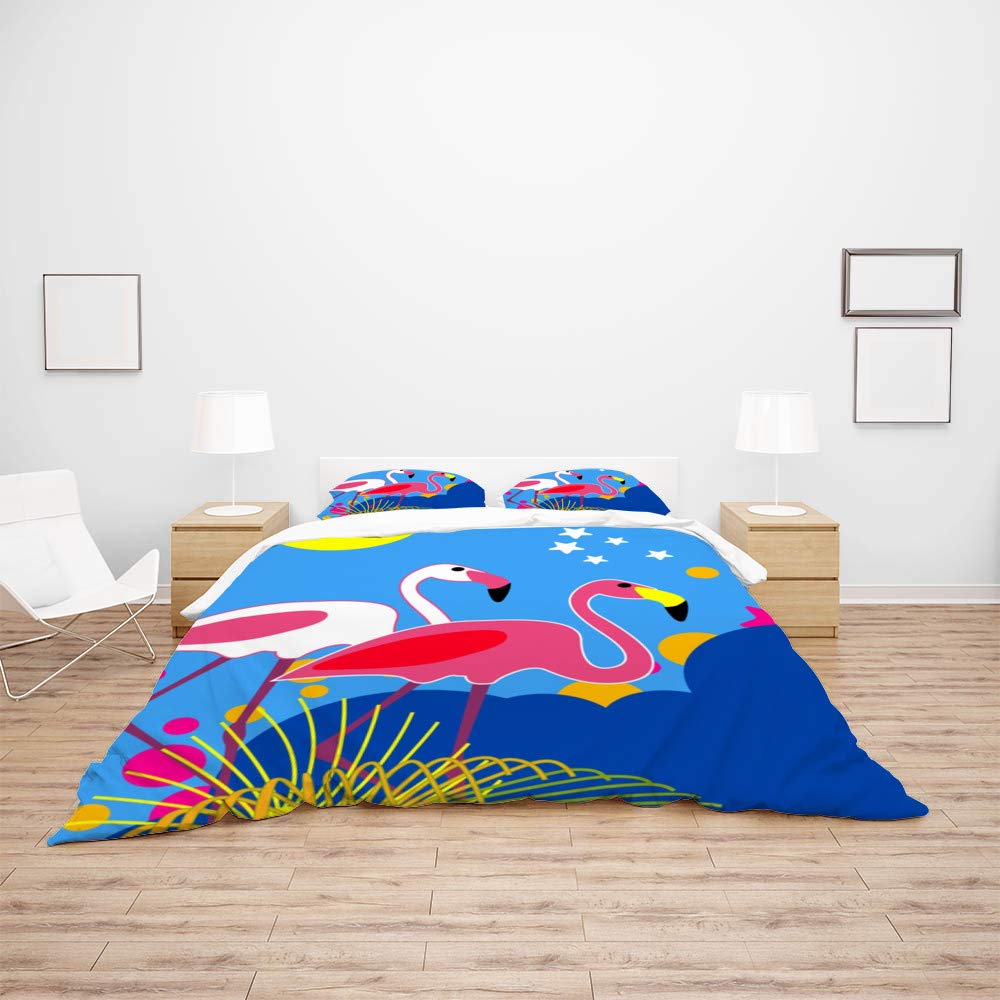 King Duvet Cover Set 3 Pieces - Tropical Flamingo & Exotic Plant Print Luxury Bedding for Kids, Women & Teens - 2 Pillow Shams, Zipper Closure, All-Season Polyester - Perfect for Bedroom Decor, Guest Room & Vacation Home Styling