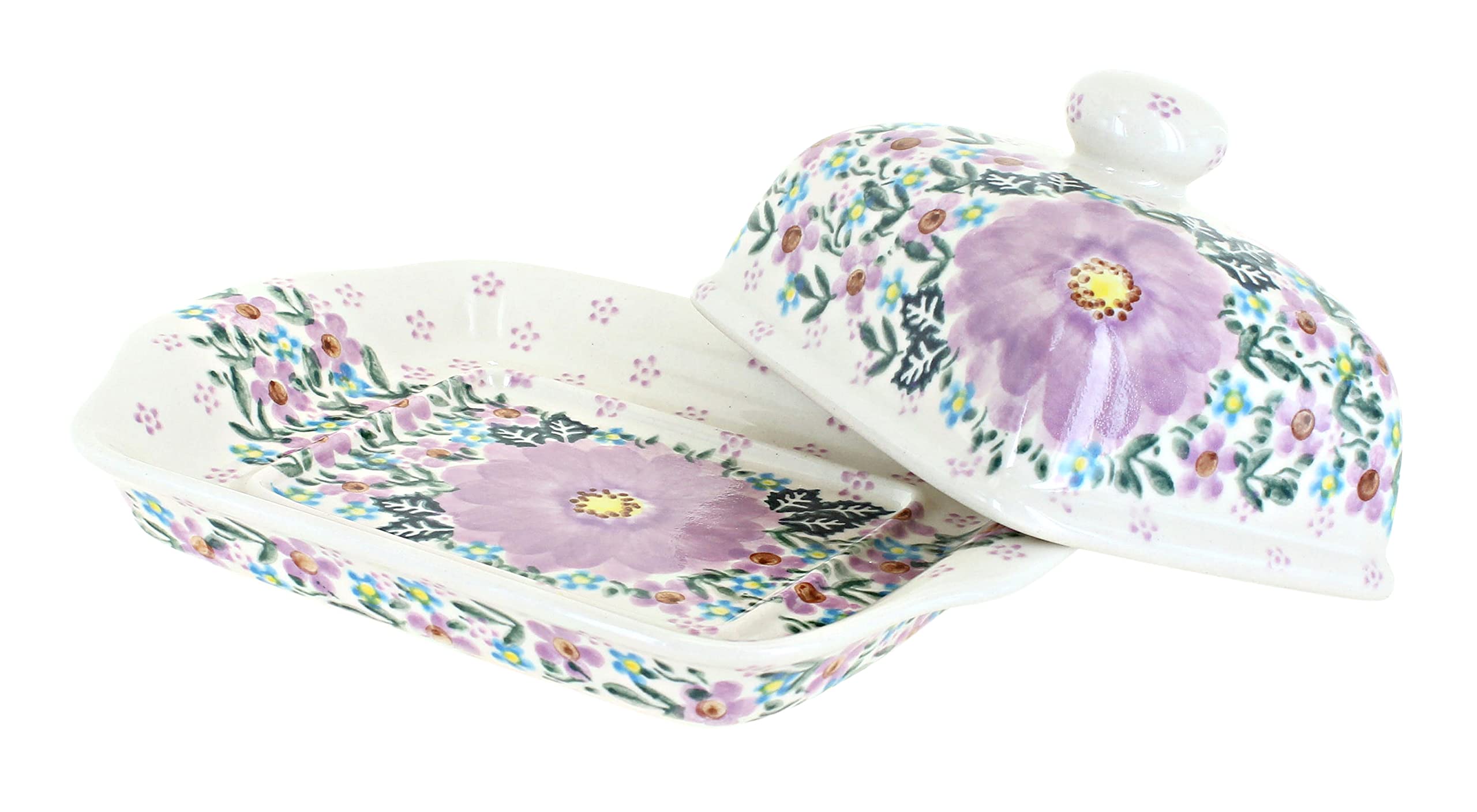 Blue Rose Polish Pottery Lilac Garden Square Butter Dish - Elegant Ceramic Butter Keeper for Dining Table, Kitchen Decor, and Gift Giving