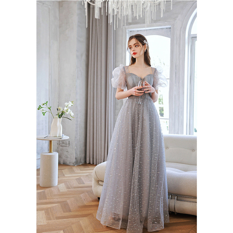 Elegant Gray Puff Sleeves Long Prom Dress - A-Line Tulle Formal Evening Gown for Women - Perfect for Homecoming, Wedding Guest, and Special Occasions