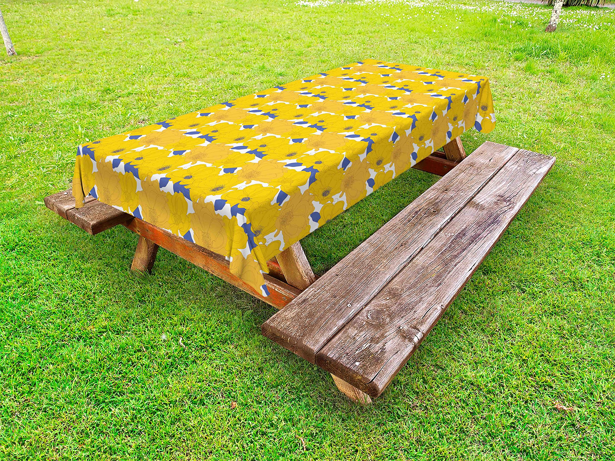 Ambesonne Floral Outdoor Tablecloth - Hand Drawn Blue Flowers Nature Design, Washable Picnic Table Cover 58x104 Inches - Perfect for Garden Parties, BBQs, and Outdoor Dining Decor (Blue, Orange, Yellow)