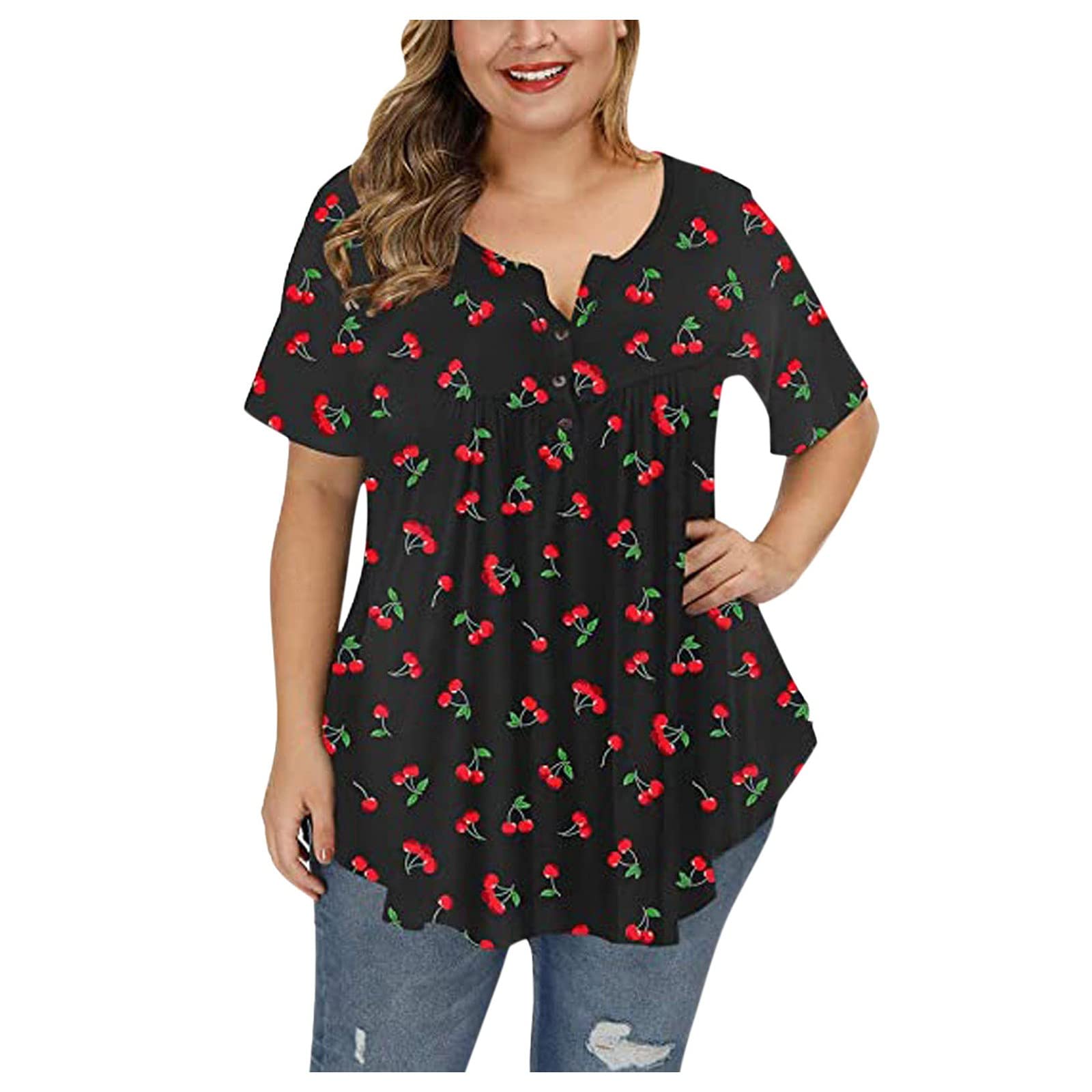 Plus Size Floral Blouses for Women - V Neck Henley Button Up Tunic Tops with Plaid Print & Ruffle Details | Flowy Short Sleeve T-Shirts for Casual Wear, Office Outfits & Summer Fashion