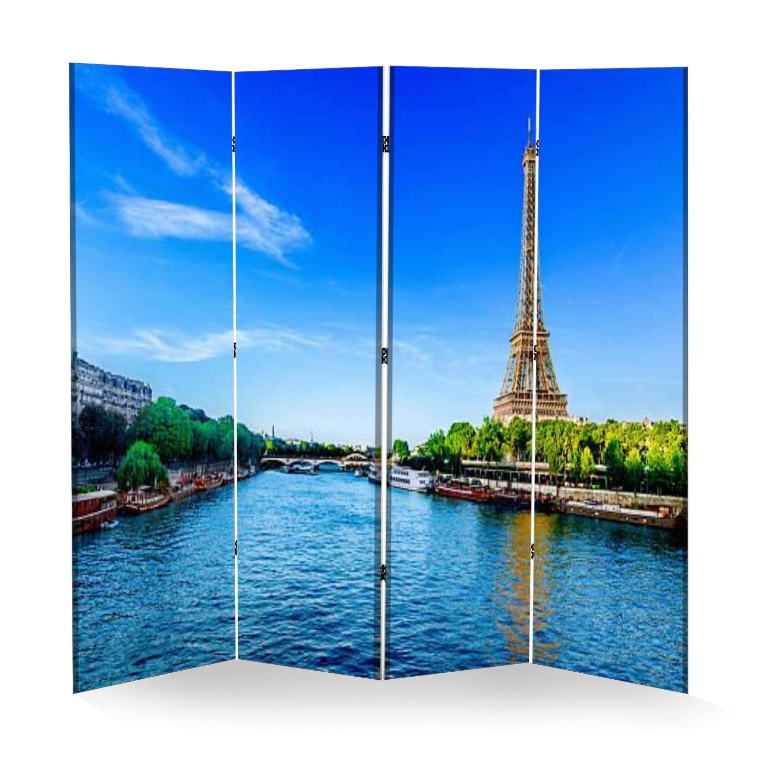 4 Panel Folding Room Divider - Paris Themed Canvas Privacy Screen, Freestanding Partition for Home & Office - Soundproof Space Separator for Bedroom, Living Room, and Workspace