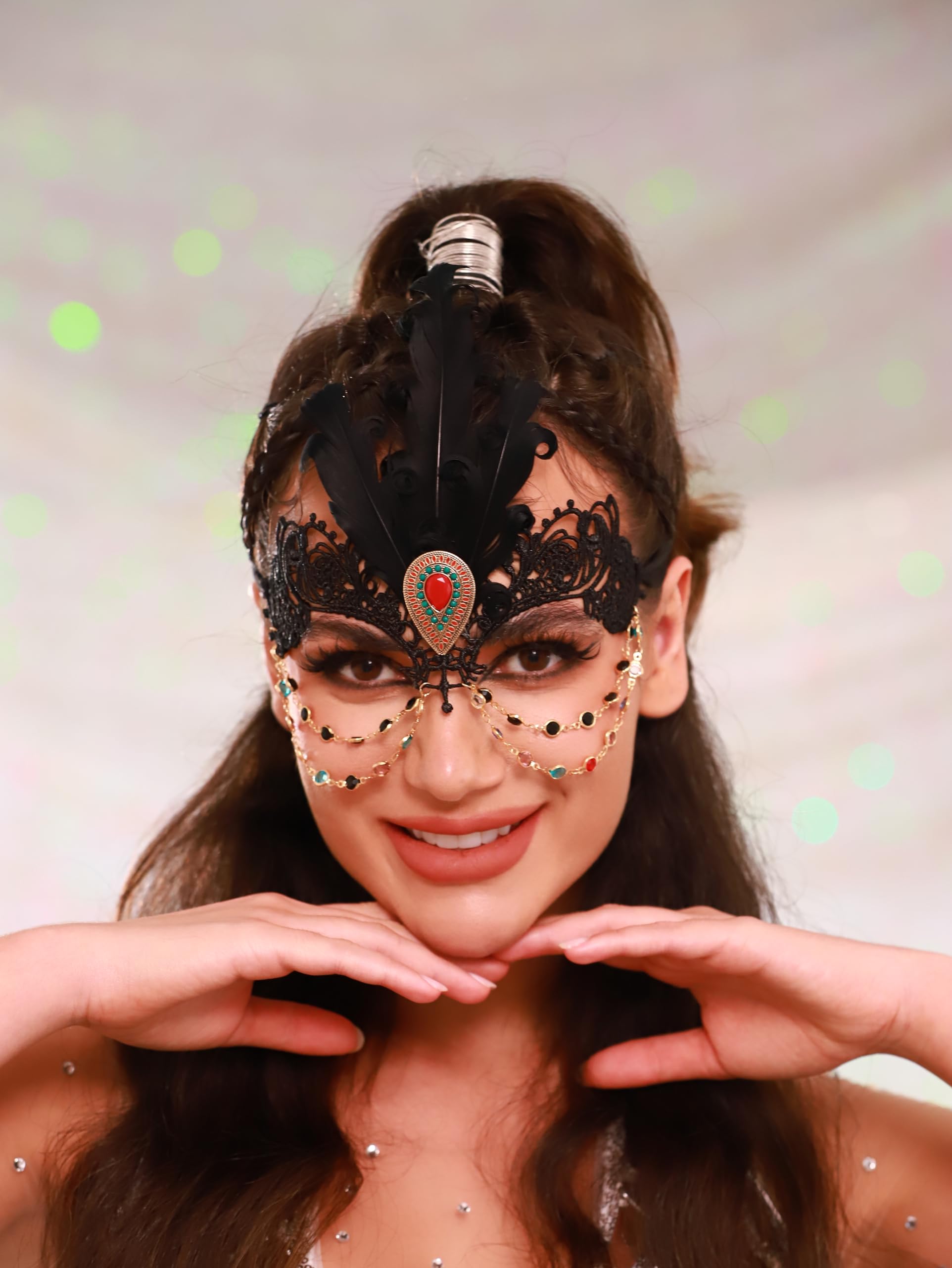 Elegant Rhinestone Masquerade Mask with Crystal & Lace - Feather Costume Mask for Women | Perfect for Mardi Gras, Halloween Parties & Venetian Balls