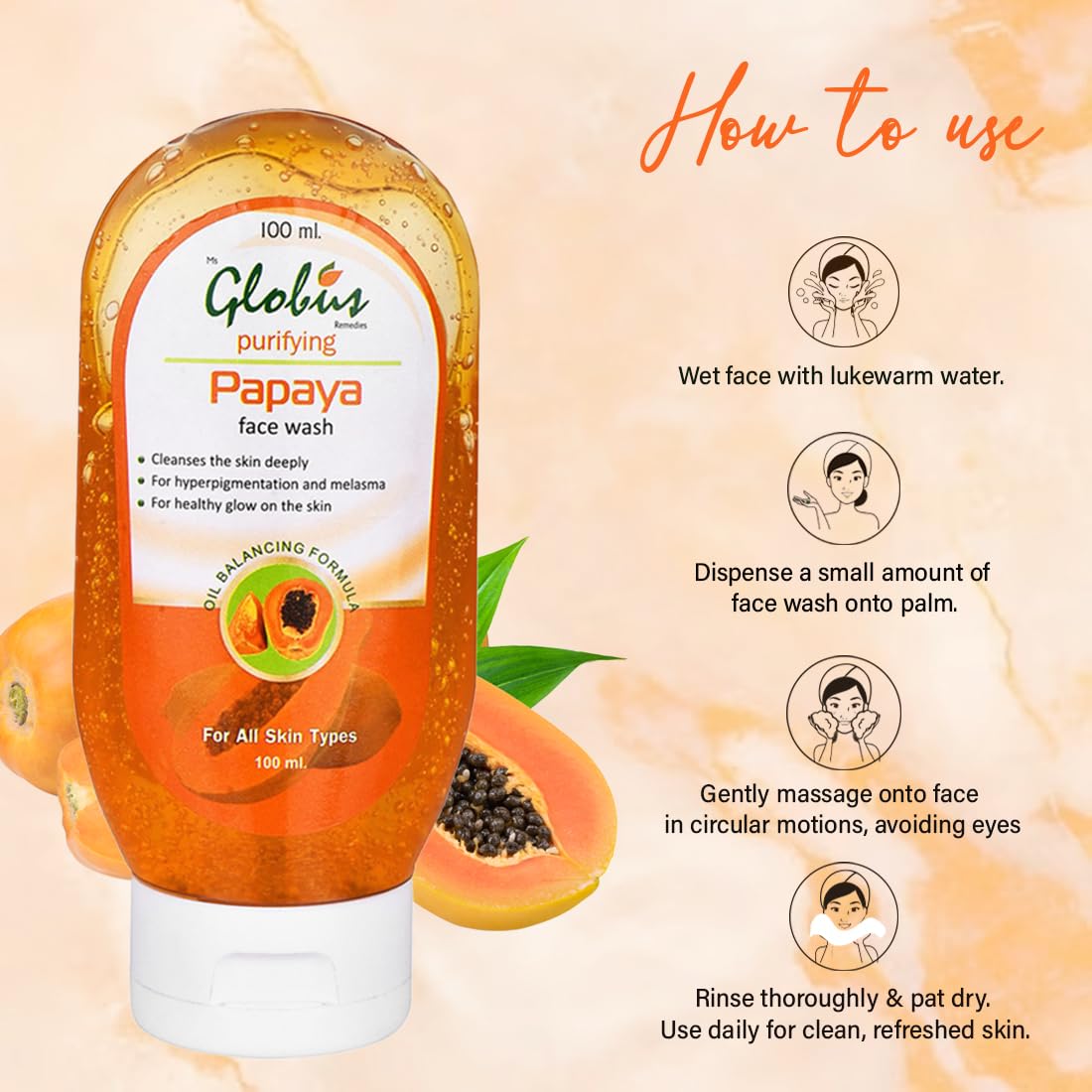 Globus Papaya Purifying Face Wash for Acne & Oily Skin - 100ml (Pack of 4) | Deep Cleansing & Brightening Facial Cleanser | Daily Skincare Routine for Women & Men