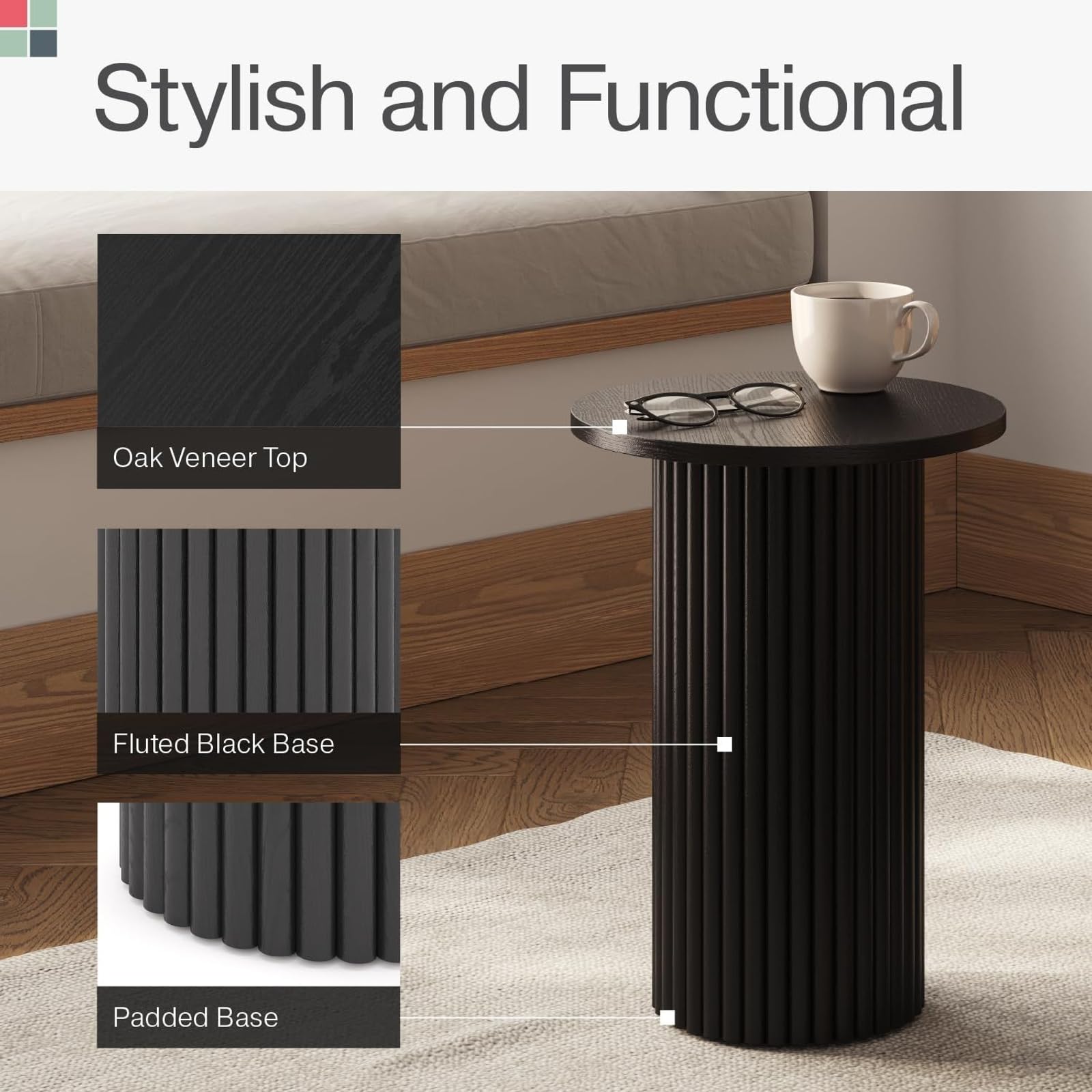 Small Round Fluted Accent Side Table - Black Wooden End Table with Solid Oak Base for Modern Bedroom & Living Room - Nightstand, Sofa Side Table, Coffee Table Companion (Blackened Oak Finish)