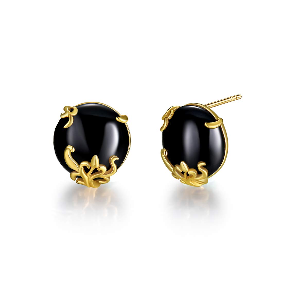 14K Gold Plated Vintage Round Stud Earrings for Women - Black Agate & Green Crystal Flower Design | Elegant Jewelry Gift for Birthday, Anniversary, Party & Daily Wear