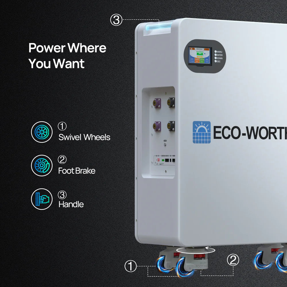ECO WORTHY 51.2V 280Ah LiFePO4 Floor Standing Battery with 4 Nylon Wheels - Reliable Off Grid Solar Power Storage for Home, RV & Cabin - Perfect for Emergency Backup & Renewable Energy Systems