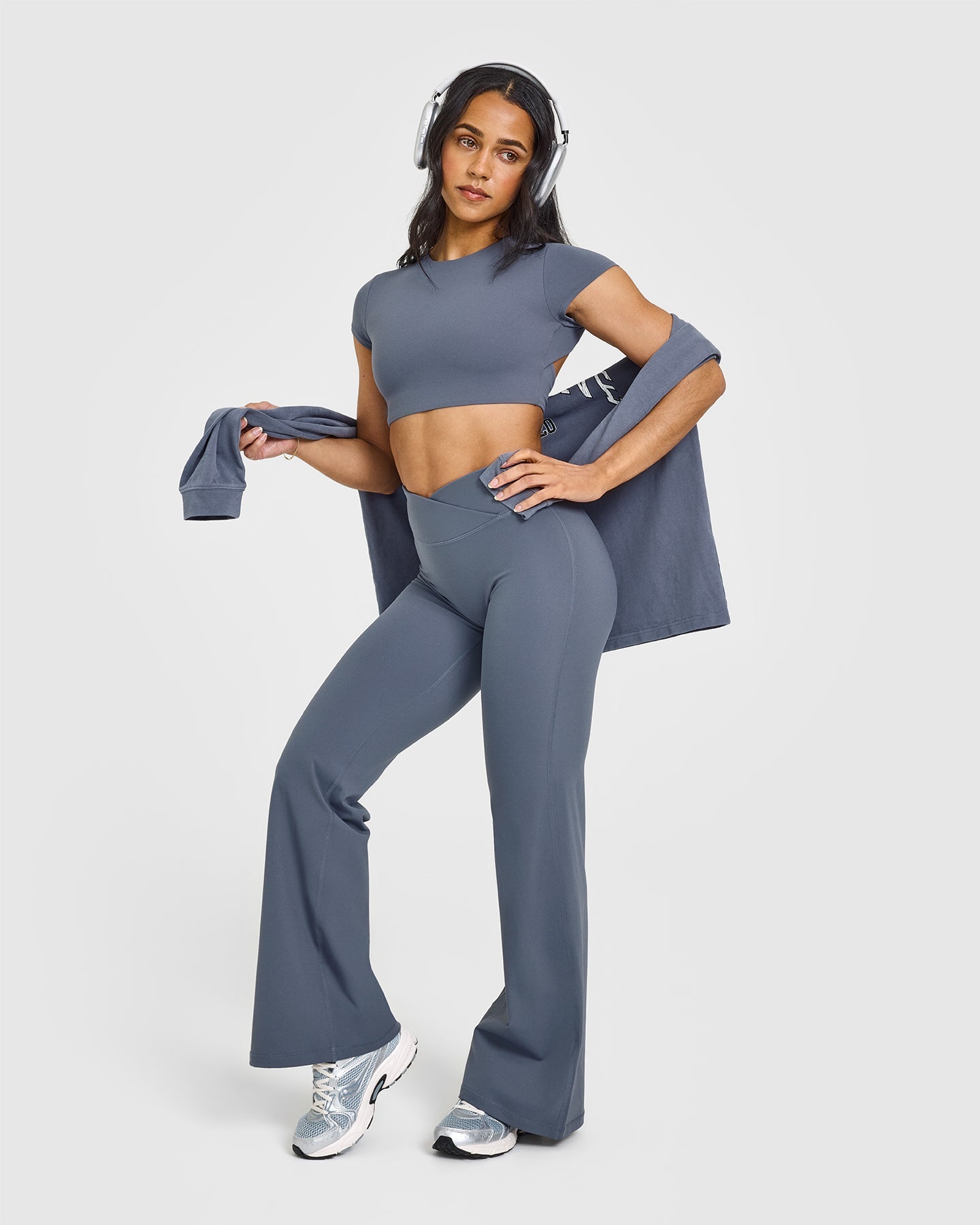 Granite Blue High Waist Flared Pants for Women - Stretchy Comfort Fit & Tummy Control - Perfect for Casual Wear, Office & Date Nights