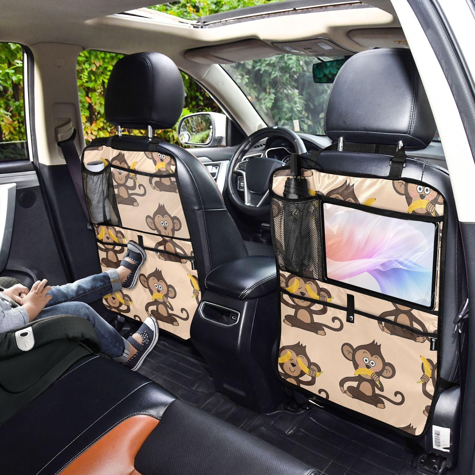 ODAWA Monkey Banana Pattern Cute 2-Pack Car Back Seat Cover & Organizer - Universal Vehicle Seat Protector with Storage Pockets for Kids, Pets, and Travel Accessories - Perfect for Family Road Trips and Daily Commutes