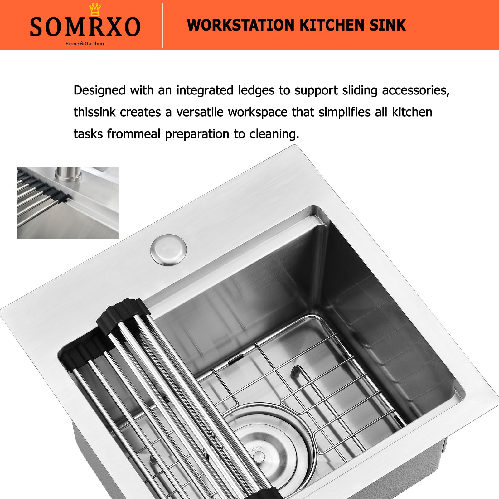 15x15 Drop-In Bar Sink Workstation - 16 Gauge Stainless Steel Top Mount Kitchen Sink for Small Spaces, RV, Outdoor & Commercial Use | Perfect for Bars, Outdoor Kitchens & Tiny Homes