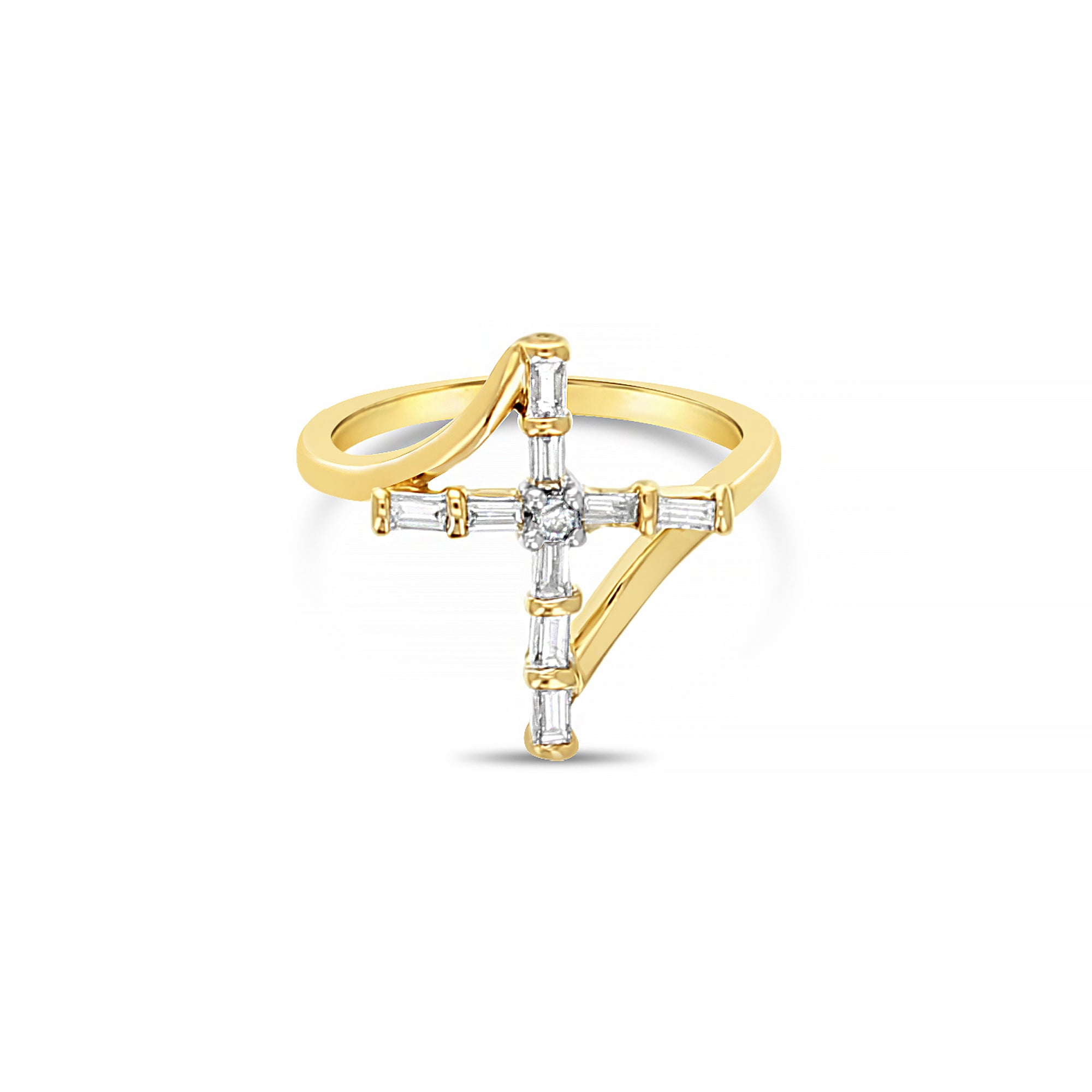 14K Yellow Gold Baguette Diamond Cross Ring - 0.20cttw Elegant Religious Jewelry for Women, Perfect for Church, Weddings & Special Occasions