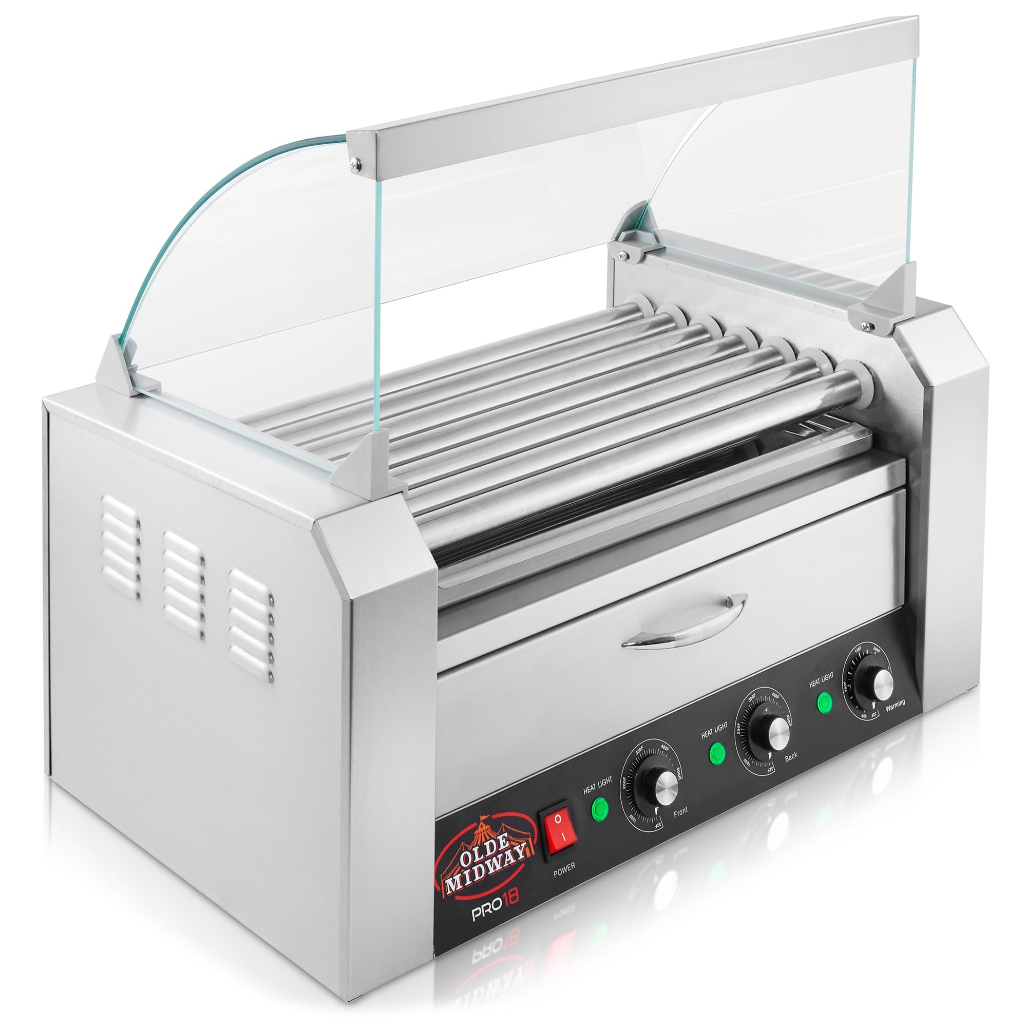 Olde Midway Electric 18 Hot Dog 7 Roller Grill Cooker Machine with Bun Warming Drawer & Cover - Commercial Grade Stainless Steel Hot Dog Roller for Restaurants, Carnivals & Concession Stands
