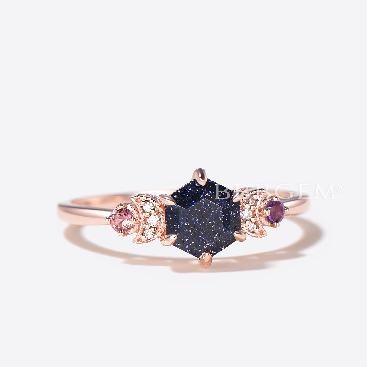 Hexagon Cut Blue Sandstone Engagement Ring - Tourmaline & Amethyst Cluster Wedding Band for Women - Perfect for Proposals, Anniversaries & Romantic Occasions