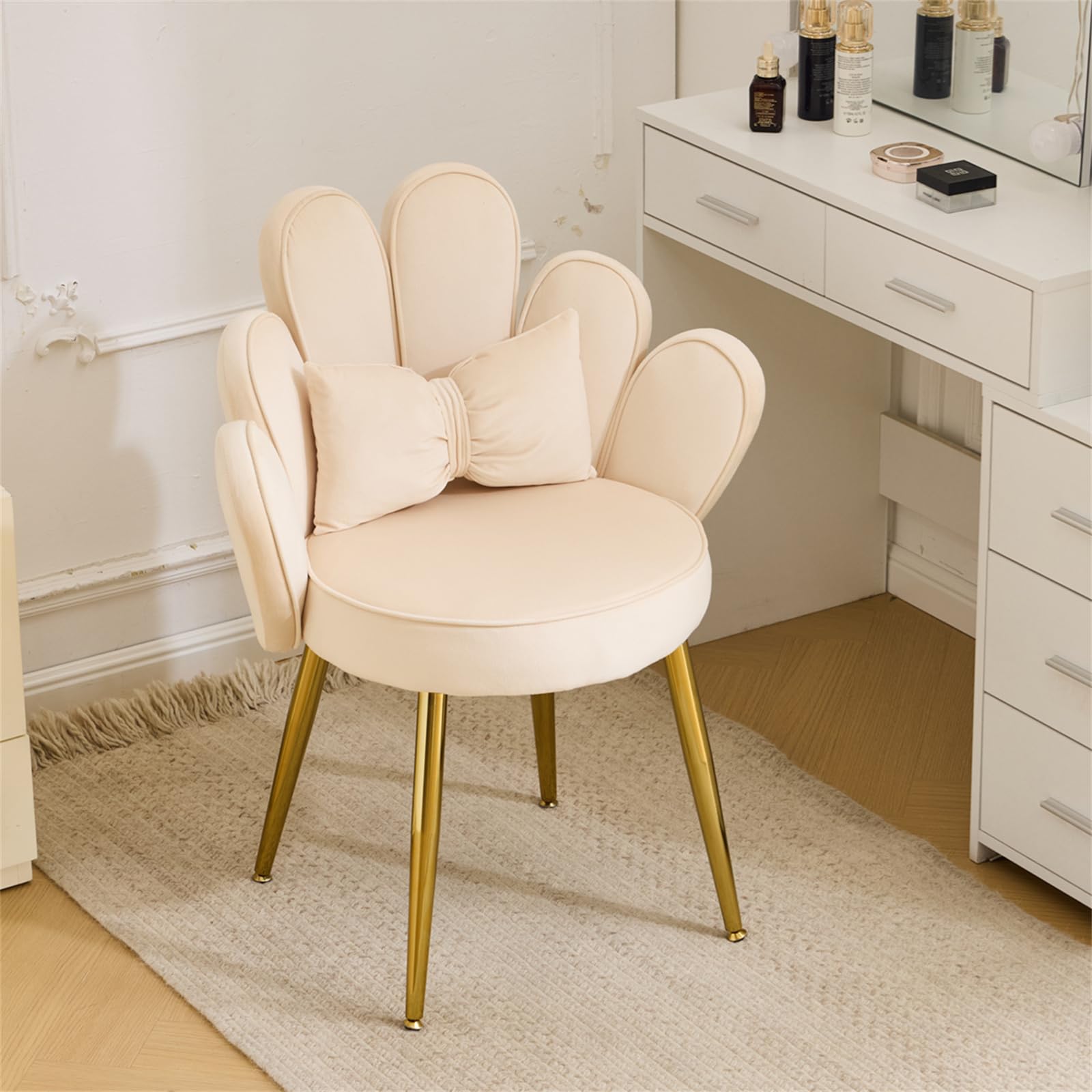 VINGLI Velvet Petal Makeup Vanity Chair with Back - Cute Flower Design Desk Chair, Adjustable Gold Legs & Bow Pillow - No Wheels Comfy Seating for Home Office, Bedroom, Dressing Room - Modern Accent Chair in Beige