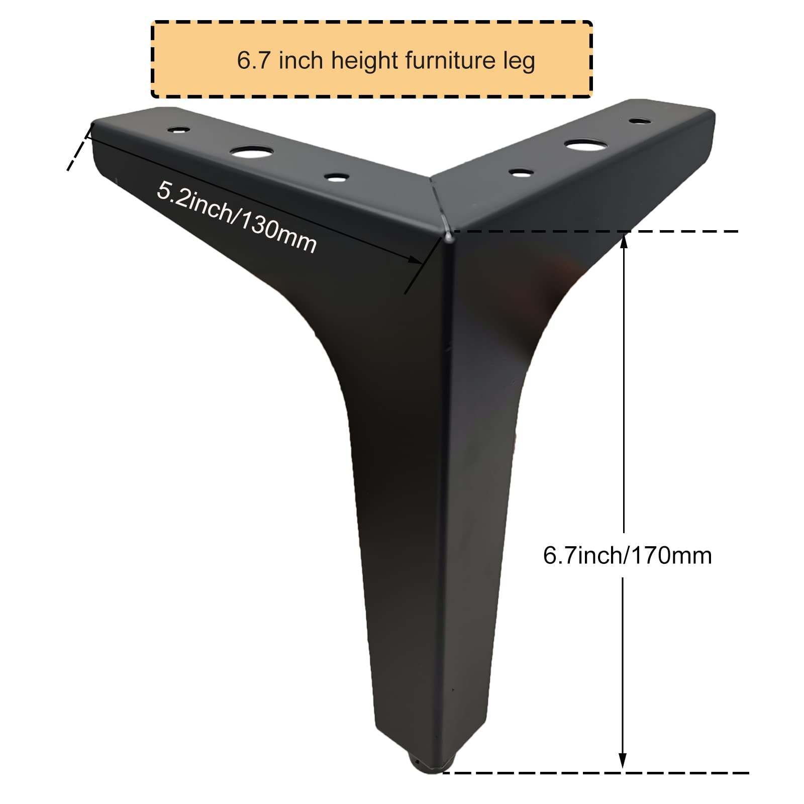 6.7 Inch (17cm) Metal Furniture Legs Set of 4 - Modern Triangle Feet in Matte Black for Sofa, Cabinet, Cupboard, Couch, Chair & Ottoman - Perfect for Living Room, Bedroom & Office Furniture Upgrade