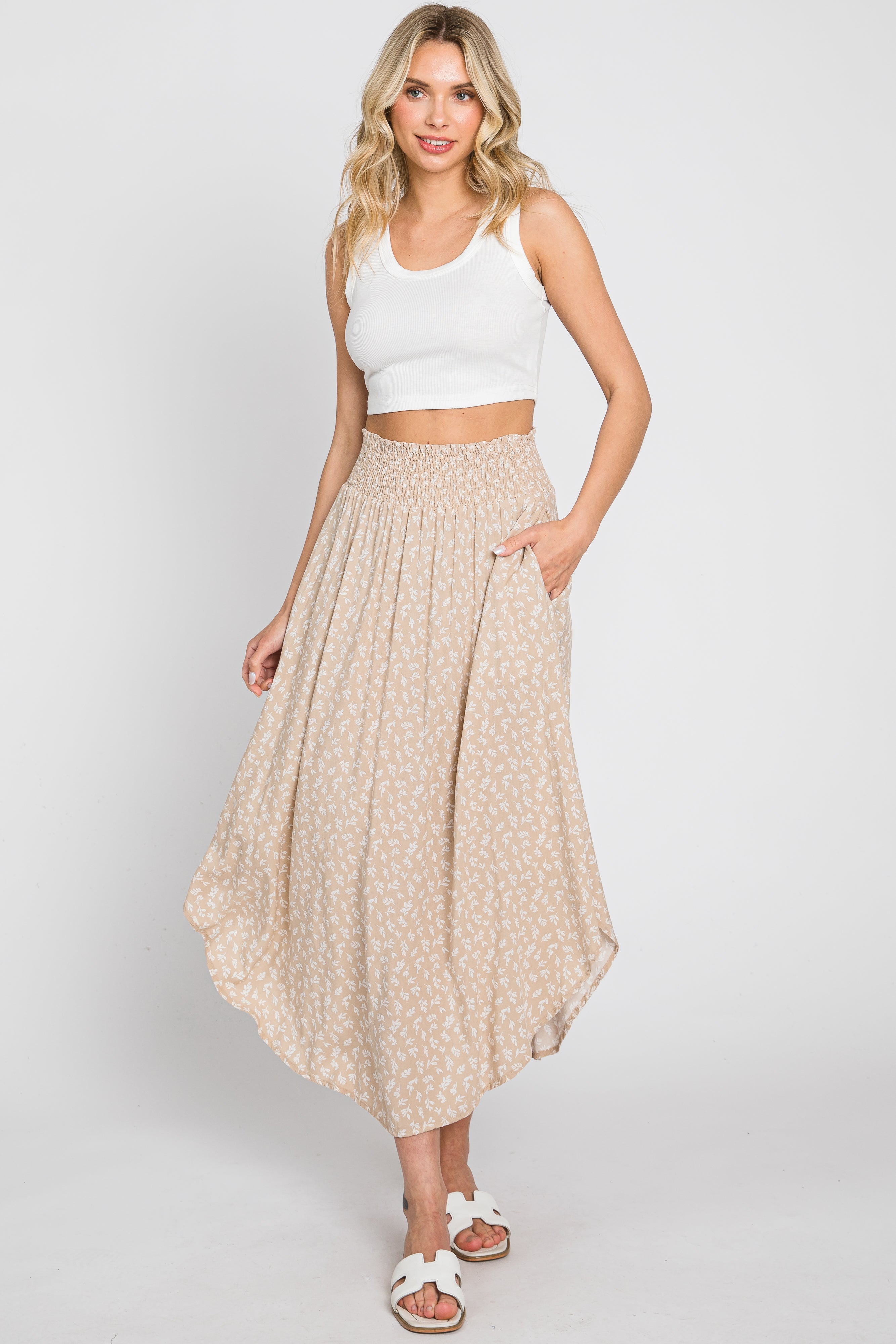 Beige Leaf Print Smocked Maternity Midi Skirt - Comfortable Stretchy Pregnancy Dress for Women, Perfect for Baby Shower, Maternity Photos & Summer Outfits