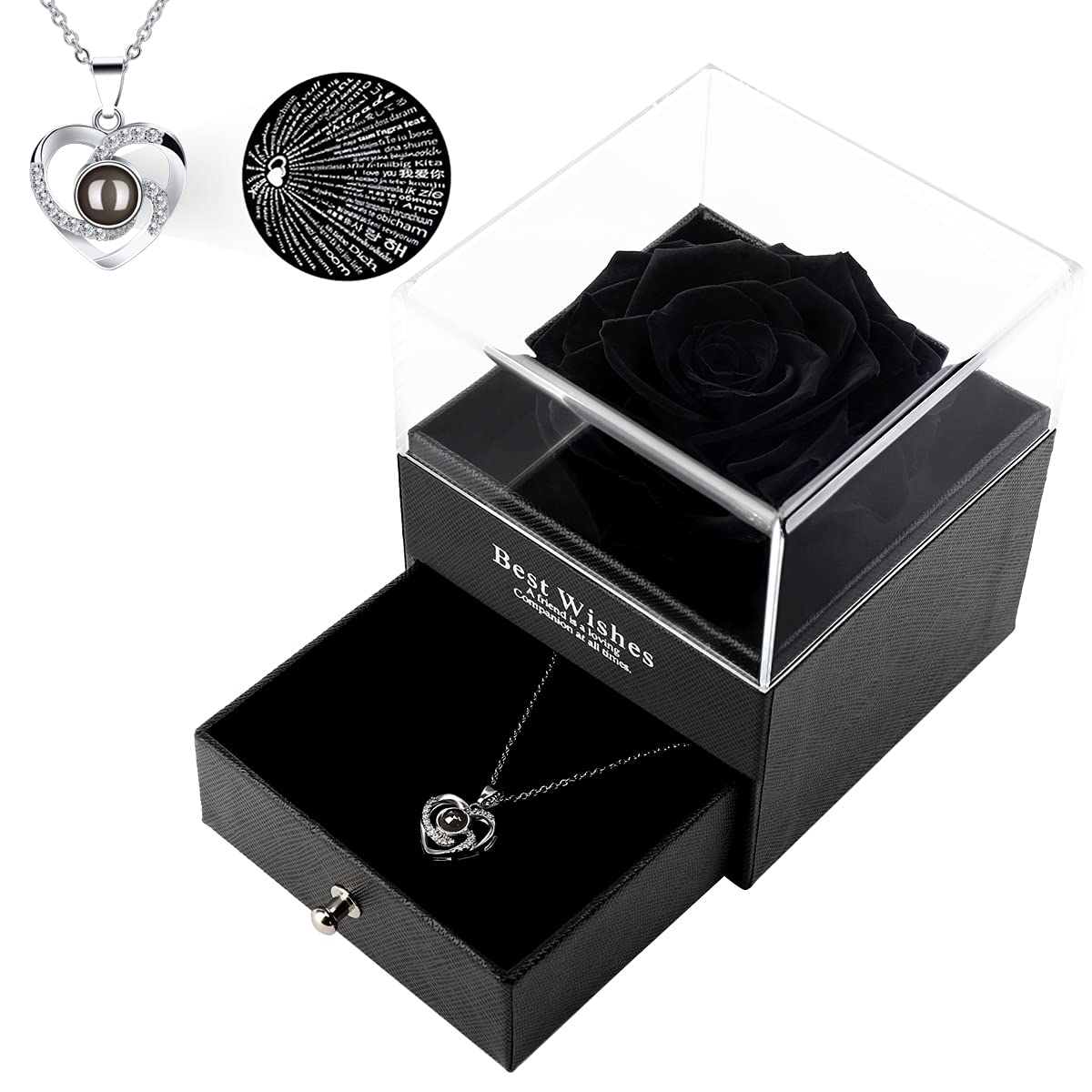 Eternally Preserved Rose Necklace Jewelry Box - Romantic Gift for Women, Mom, Wife, Girlfriend | Valentine's Day, Christmas, Mother's Day Present | Perfect for Anniversaries, Date Nights & Special Occasions (Black)
