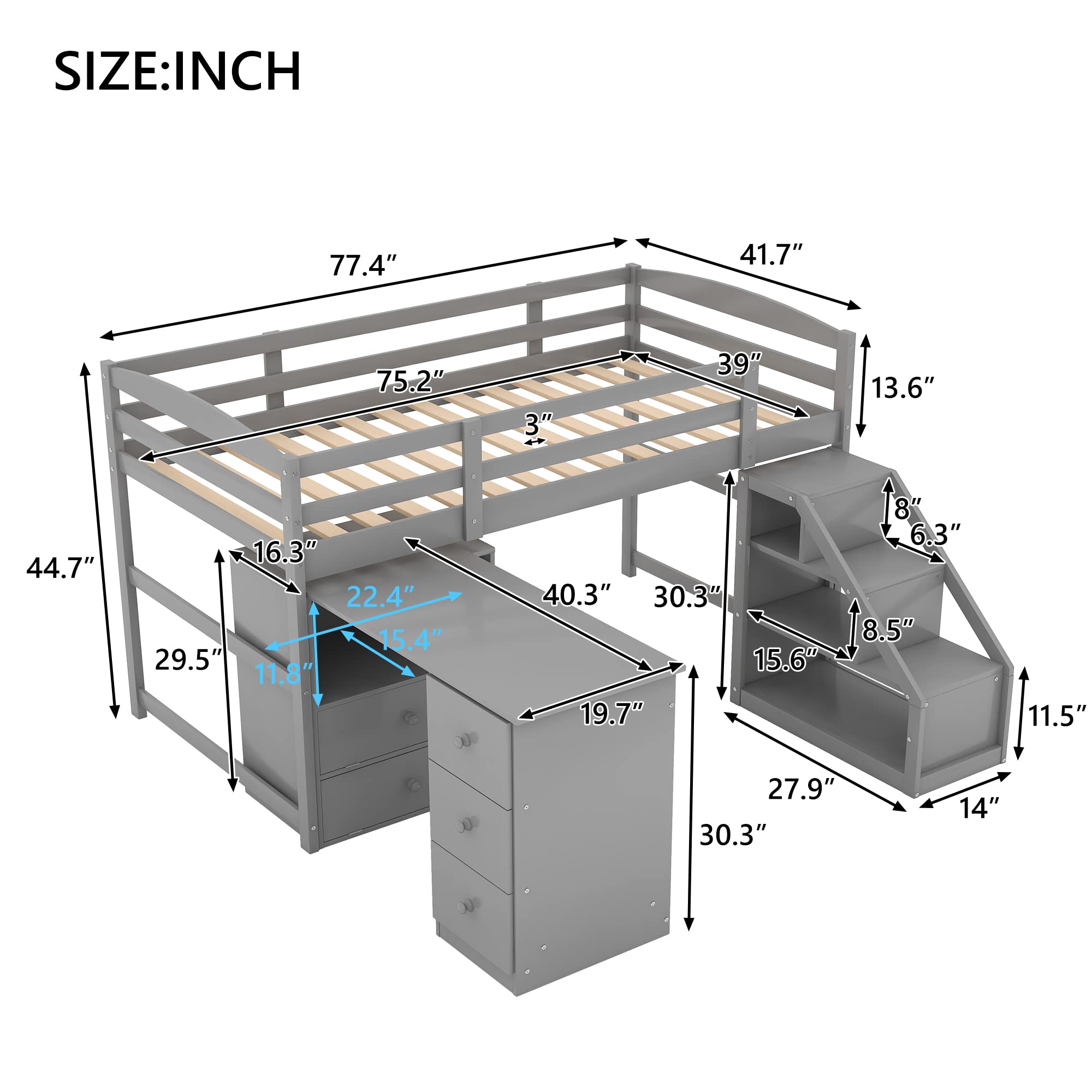 Low Loft Bed with Desk & Storage - Twin Size Loft Bed Frame with Movable Desk & Staircase - Space-Saving Kids & Teen Bedroom Furniture for Boys & Girls (Grey) - Ideal for Small Rooms, Dormitories & Apartments