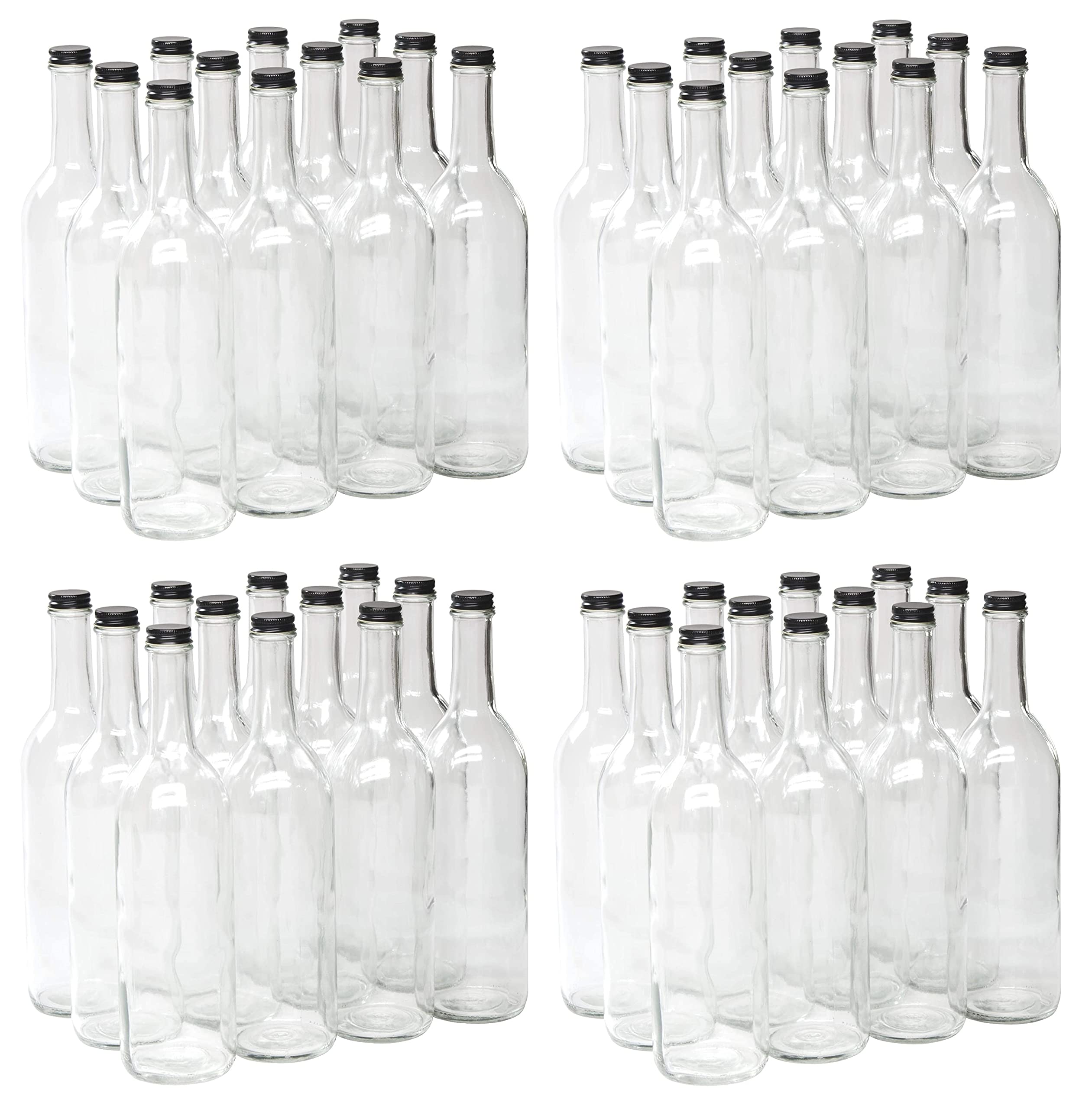 750ml Clear Glass Bordeaux Wine Bottles with 28mm Black Metal Screw Caps - Flat Bottom Design - 48 Pack (4 Cases of 12) - Perfect for Home Brewing, Craft Beverages & DIY Liquor Storage