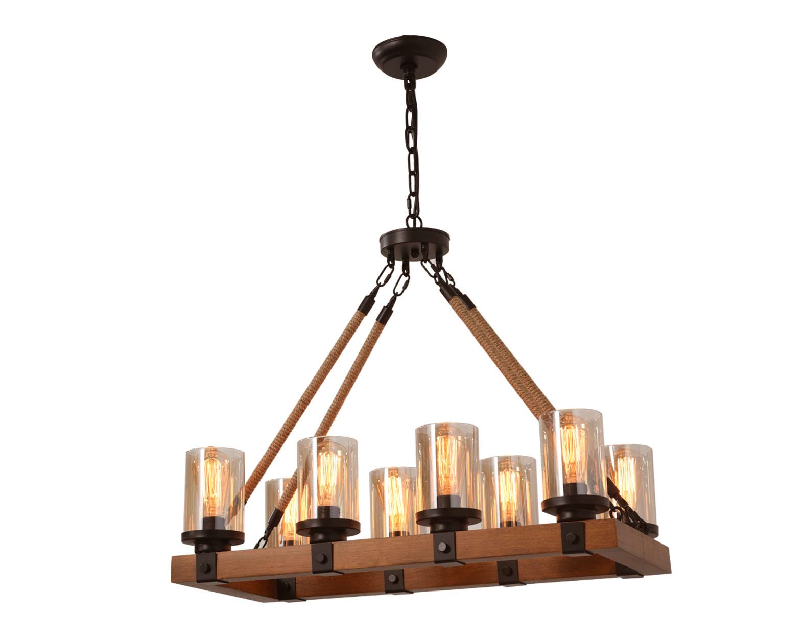 Farmhouse Style Rectangular Wood Pendant Light with Hemp Rope - Rustic Chandelier for Kitchen Island, Dining Room, Bedroom & Bar | Vintage Ceiling Fixture for Home Decor & Cozy Ambiance