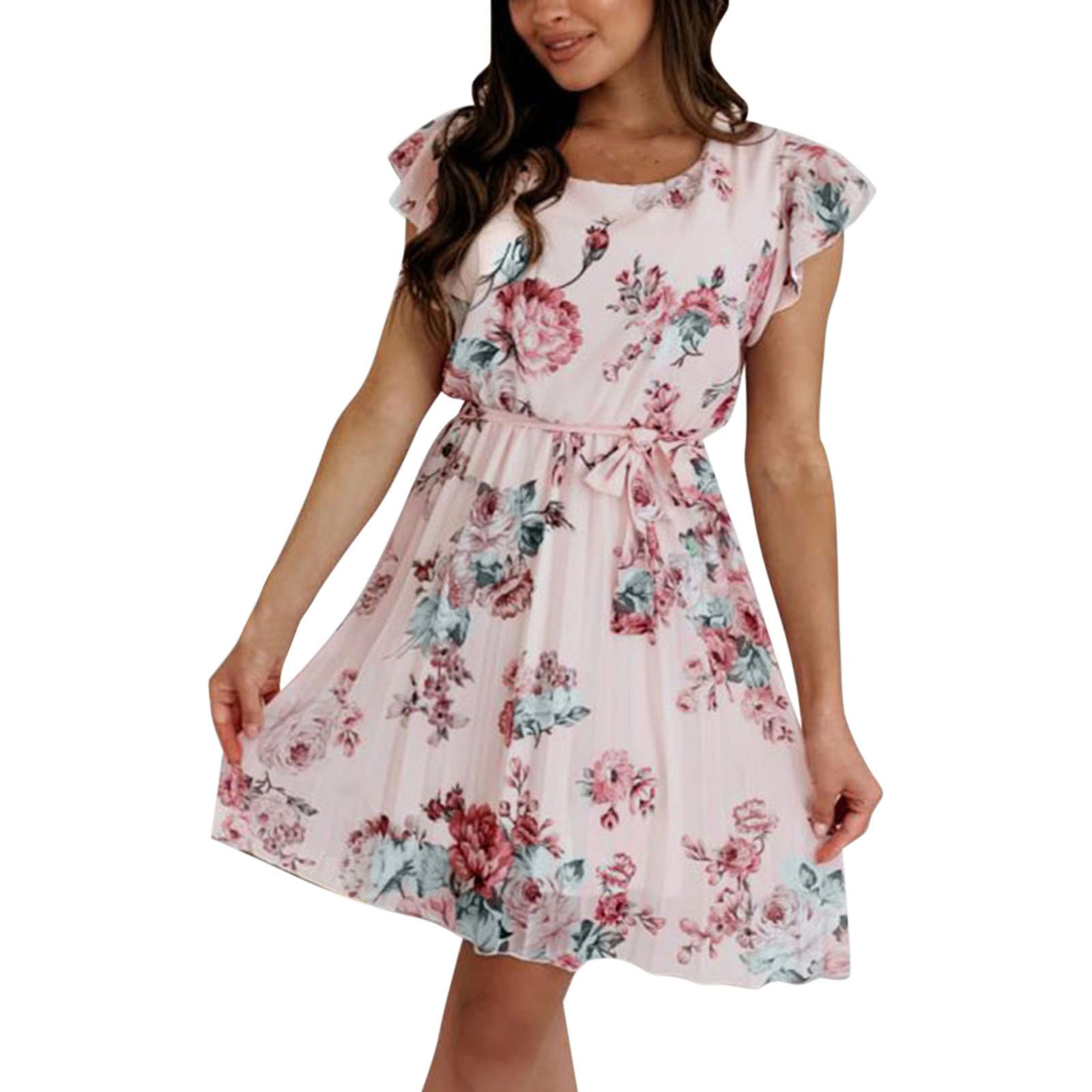Women's Floral Boho Mini Dress with Built-in Bra - Short Sleeve O-Neck A-Line Summer Casual Dress for Beach, Vacation & Everyday Wear