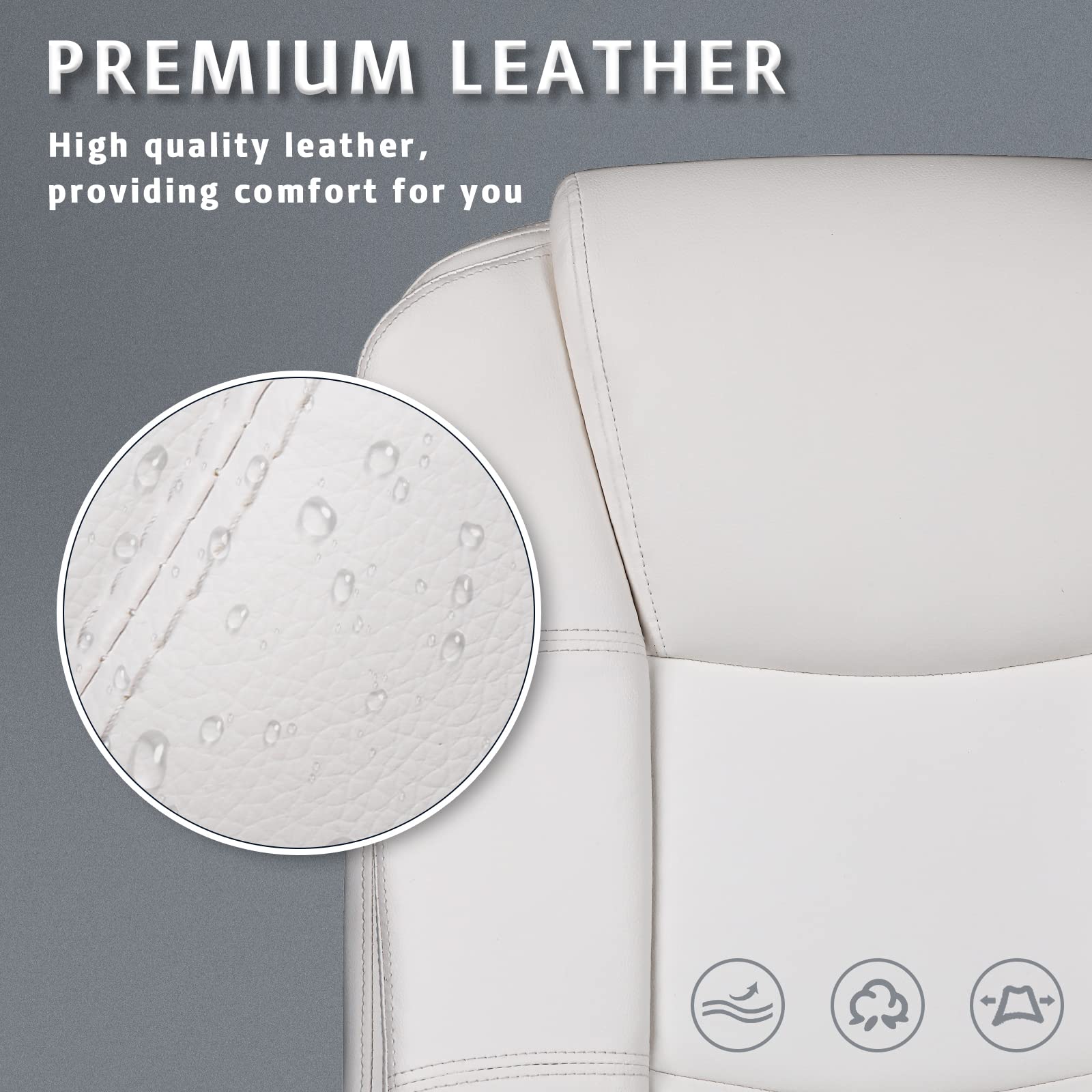 LEMBERI Ergonomic Office Desk Chair - Big & Tall Executive High Back Computer Chair with Adjustable Height, PU Leather & Cushion Support - Perfect for Long Hours Sitting in Home Office or Workspace (White)