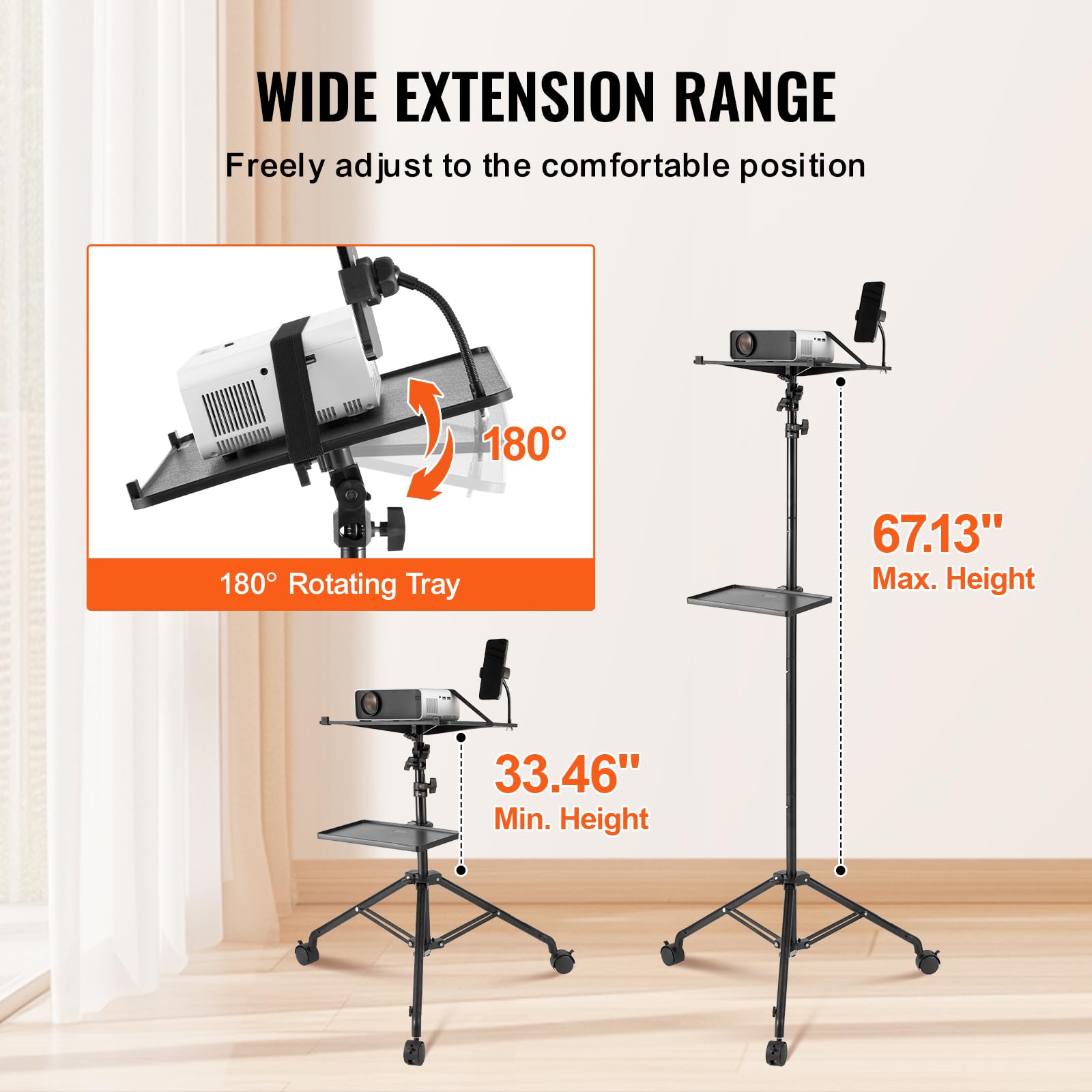 VEVOR Adjustable Projector Stand with Wheels & 2 Trays - 31.3