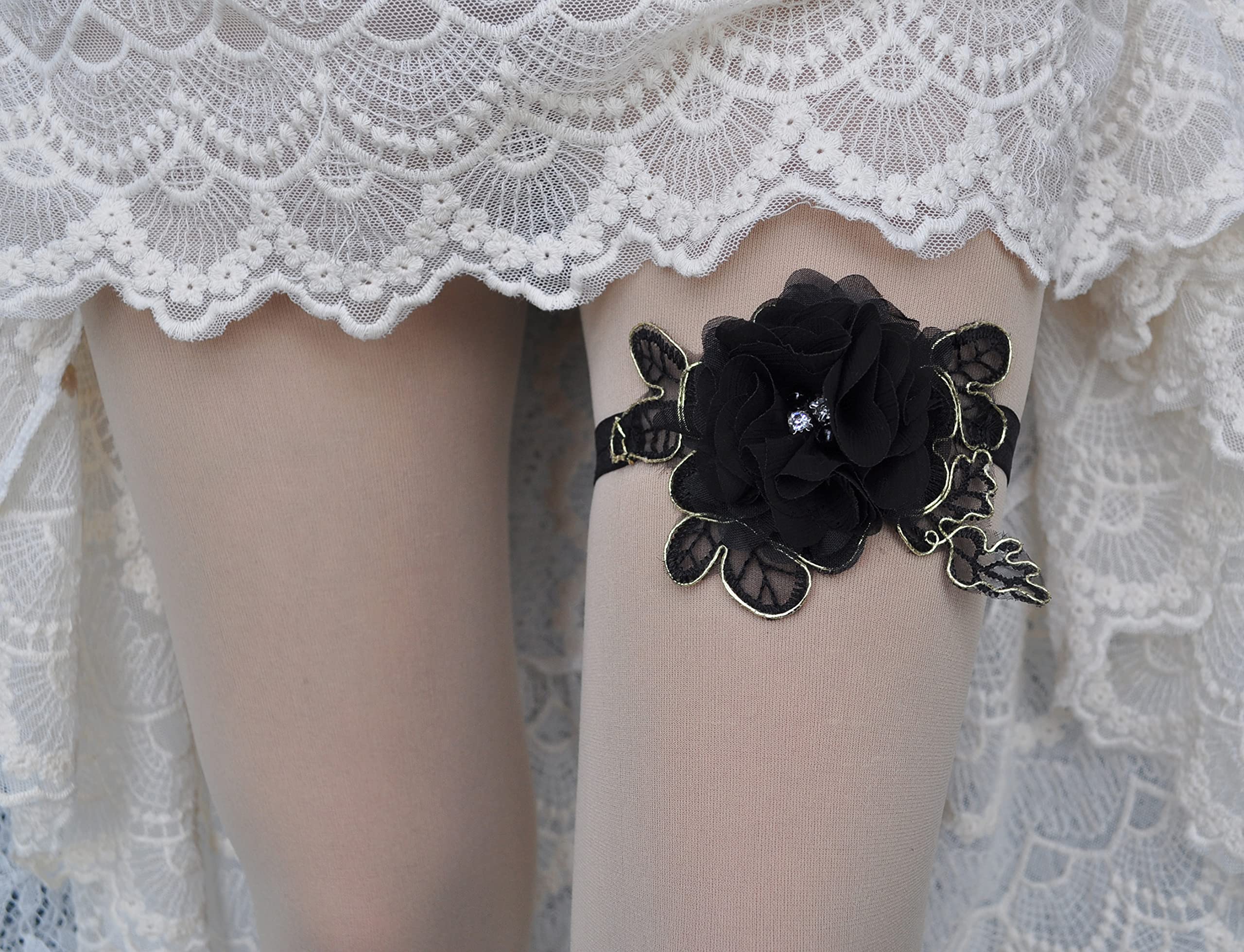 Elegant Wedding Garter for Bride - Pearl Embellished Bridal Garter Set, Single Garter Belt for Weddings, Halloween & Special Occasions (Black, W011) - Perfect for Bouquet Toss, Bridal Shower & Photo Shoots