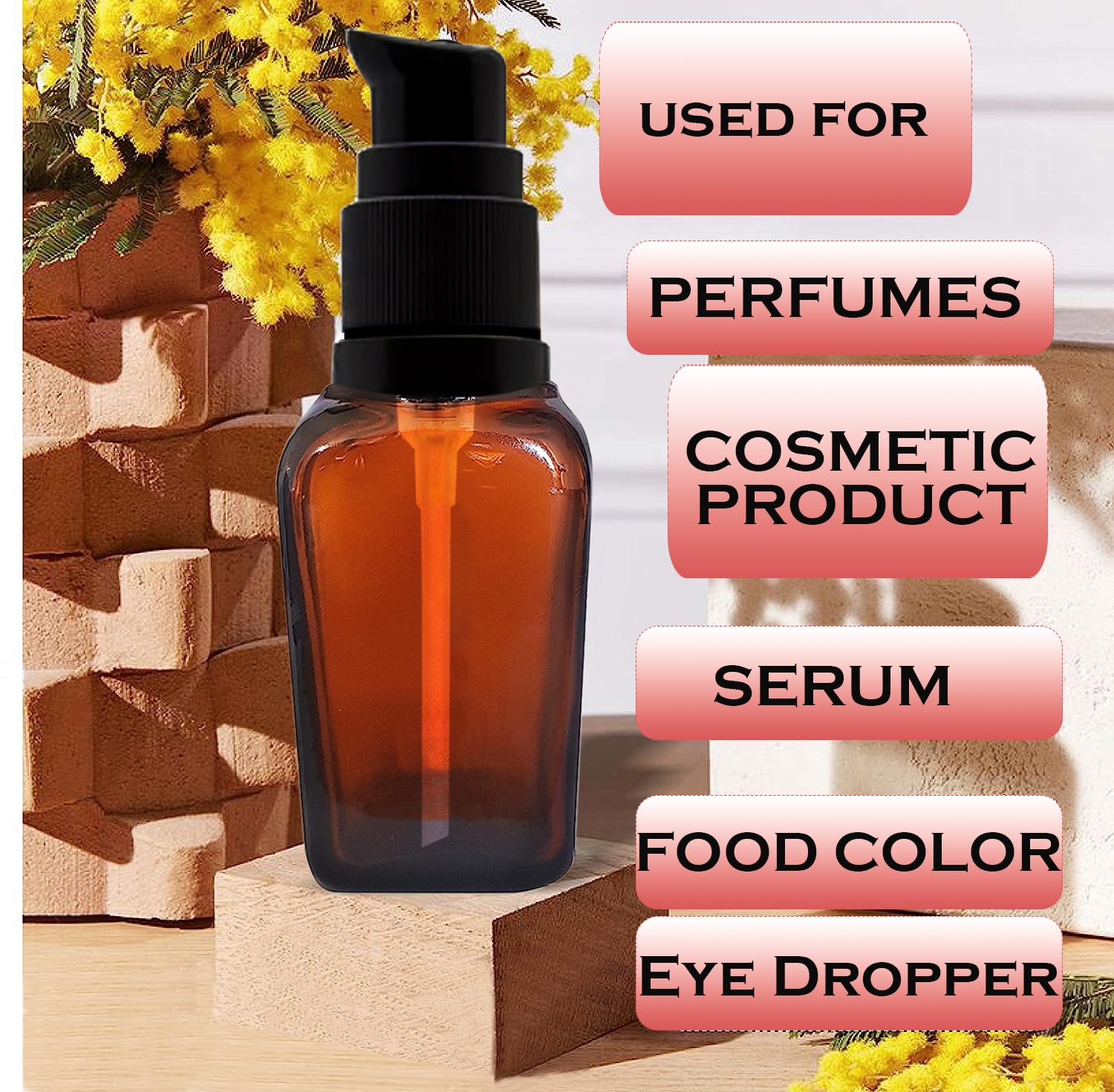 Refillable 20ml Square Amber Glass Bottles (Pack of 5) - Essential Oil Dispenser, Lotion Pump Bottle for Face Cream, Toner & Travel Toiletries | Leak-Proof, Eco-Friendly Containers for Skincare & Beauty Products