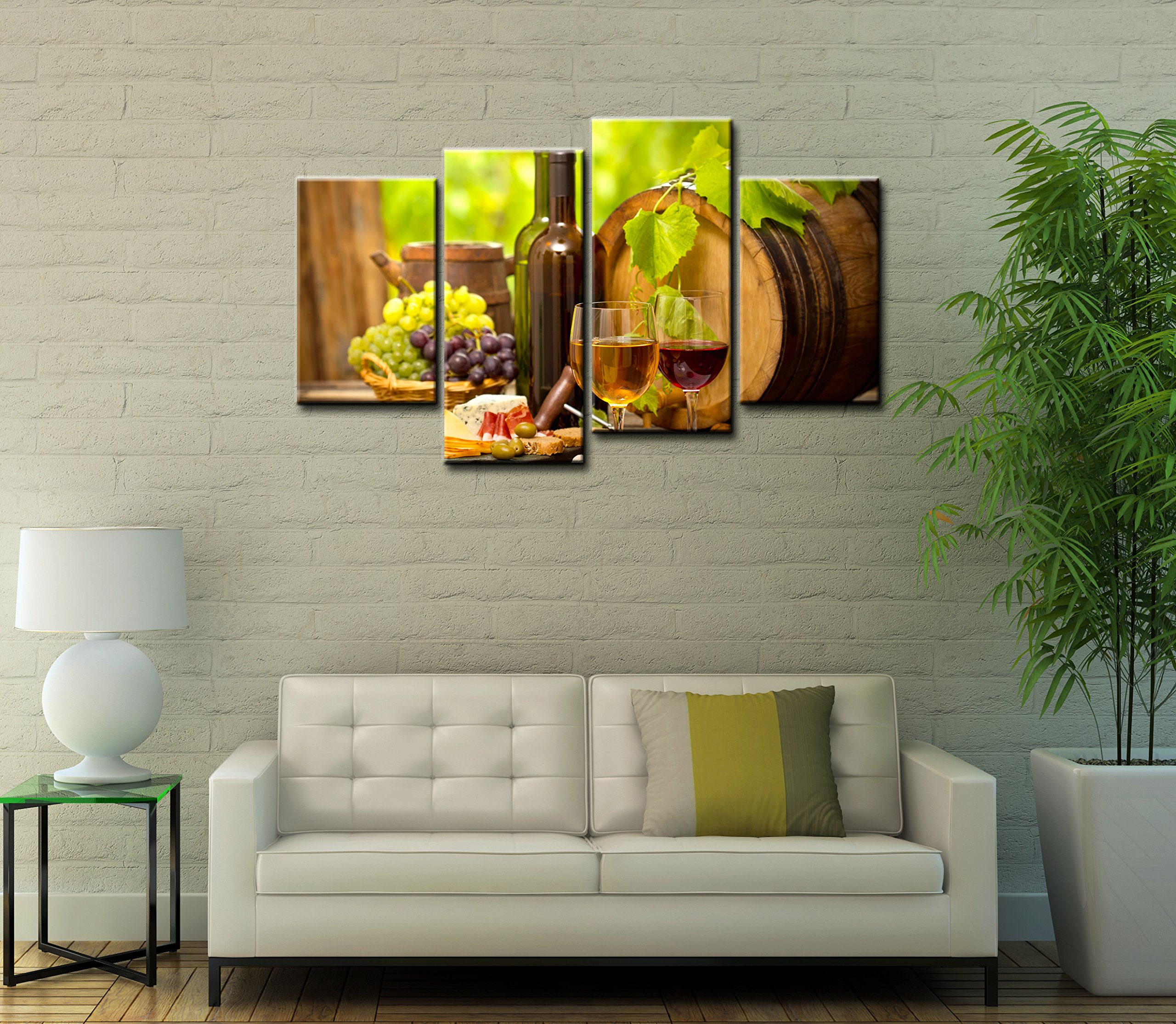 French Oak Wine Barrel & Food Paintings - 4 Piece Canvas Wall Art Set for Modern Home Decor | Perfect for Dining Room, Kitchen & Wine Cellar Decorations
