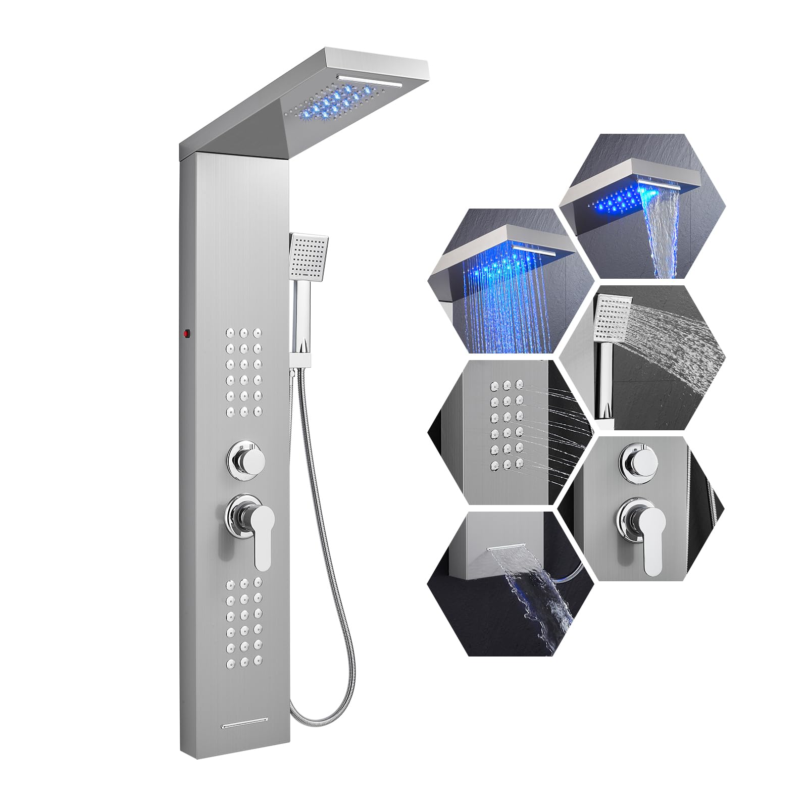 Rainfall LED Shower Panel Tower - 5-in-1 Shower System with Waterfall Showerhead, Adjustable Body Jets, Handheld Spray & Tub Spout, Stainless Steel Shower Column (Brushed Nickel Finish) - Perfect for Modern Bathrooms & Spa-Like Shower Experience