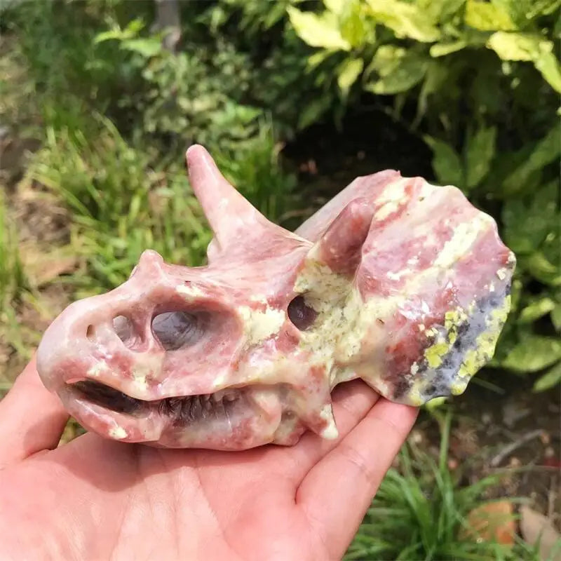13CM Natural Peach Blossom Tourmaline Dinosaur Skull Crystal Carving - Healing Stone, Fashion Jewelry & Home Decor - Unique Birthday Gift for Crystal Lovers (1pc) - Perfect for Meditation Spaces, Office Desks & Gift Giving