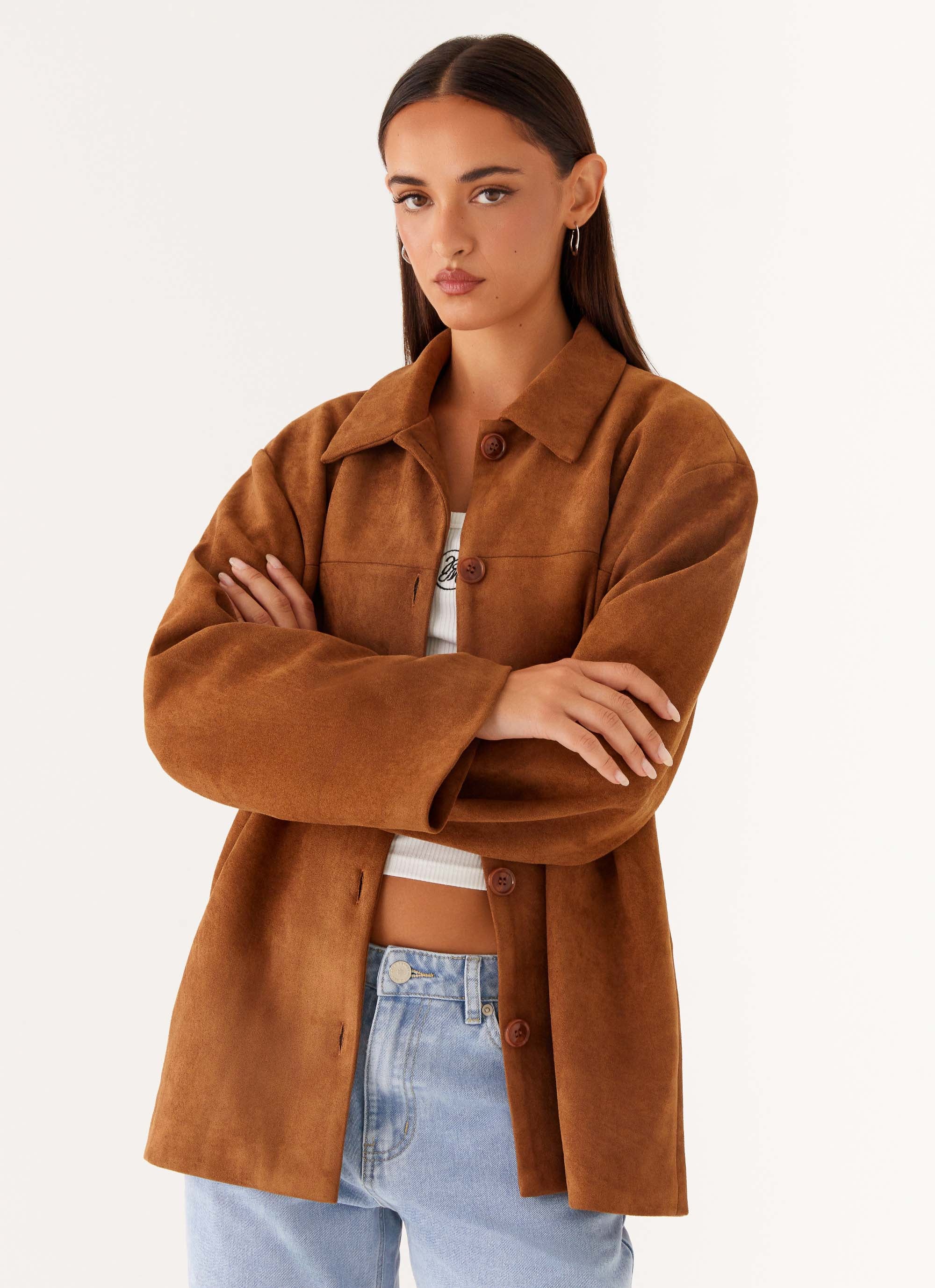 Devika Faux Suede Boxy Jacket for Women - Trendy Brown Oversized Blazer Coat for Fall & Winter - Perfect for Office, Date Night and Casual Outings