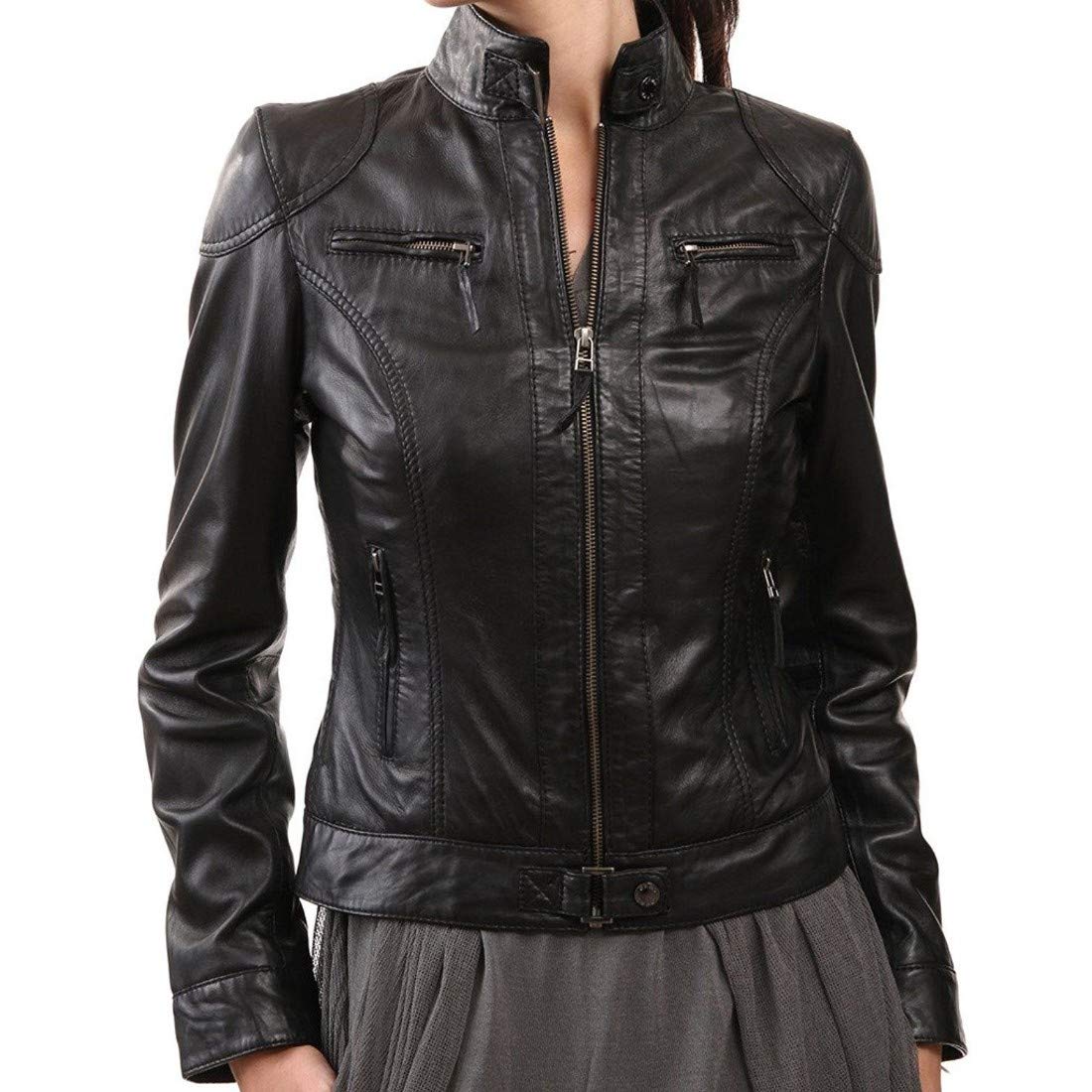 Women's Genuine Leather Motorcycle Jacket - Stylish Quilted Bomber Biker Jacket for Women, Black - Perfect for Riding, Casual Outfits & Night Out