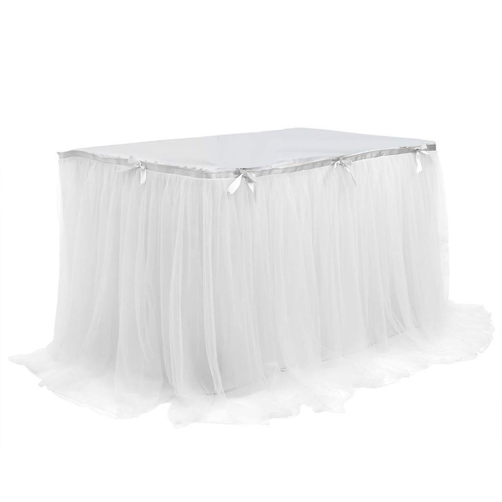 Elegant Rose Gold Tulle Table Skirt for Birthday Party, Wedding, Dessert Table Decoration - White Lace Home Decor with Black Sequin Trim | Perfect for Bridal Showers, Baby Showers & Holiday Celebrations