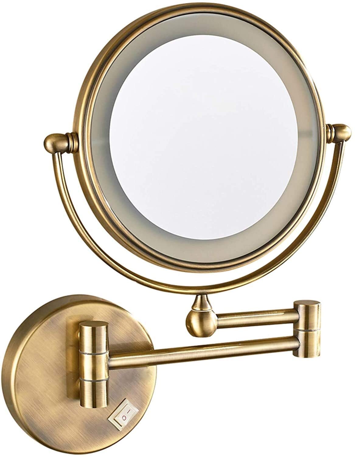 LED Makeup Mirror with Extendable Arm - Wall Mounted Vanity Mirror for Bathroom, Shaving & Grooming - Adjustable Lighting with On/Off Switch - Brass Finish, 5X Magnification - Perfect for Makeup Application, Skincare & Hair Styling